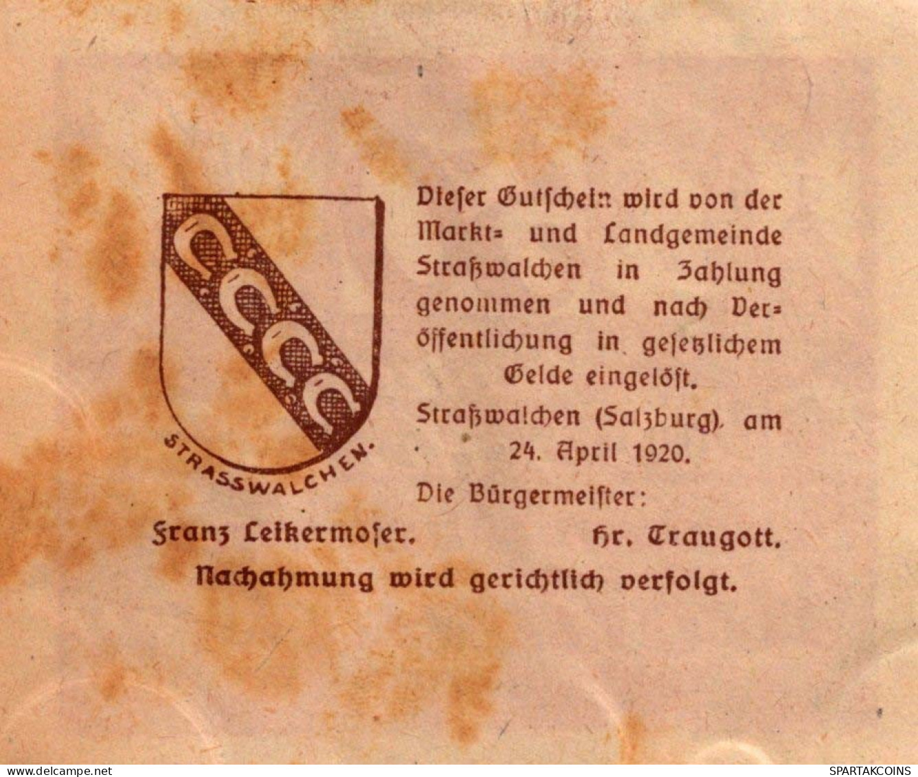 50 HELLER 1920 Stadt STRASSWALCHEN Salzburg Österreich Notgeld Banknote #PE623 - [11] Emisiones Locales