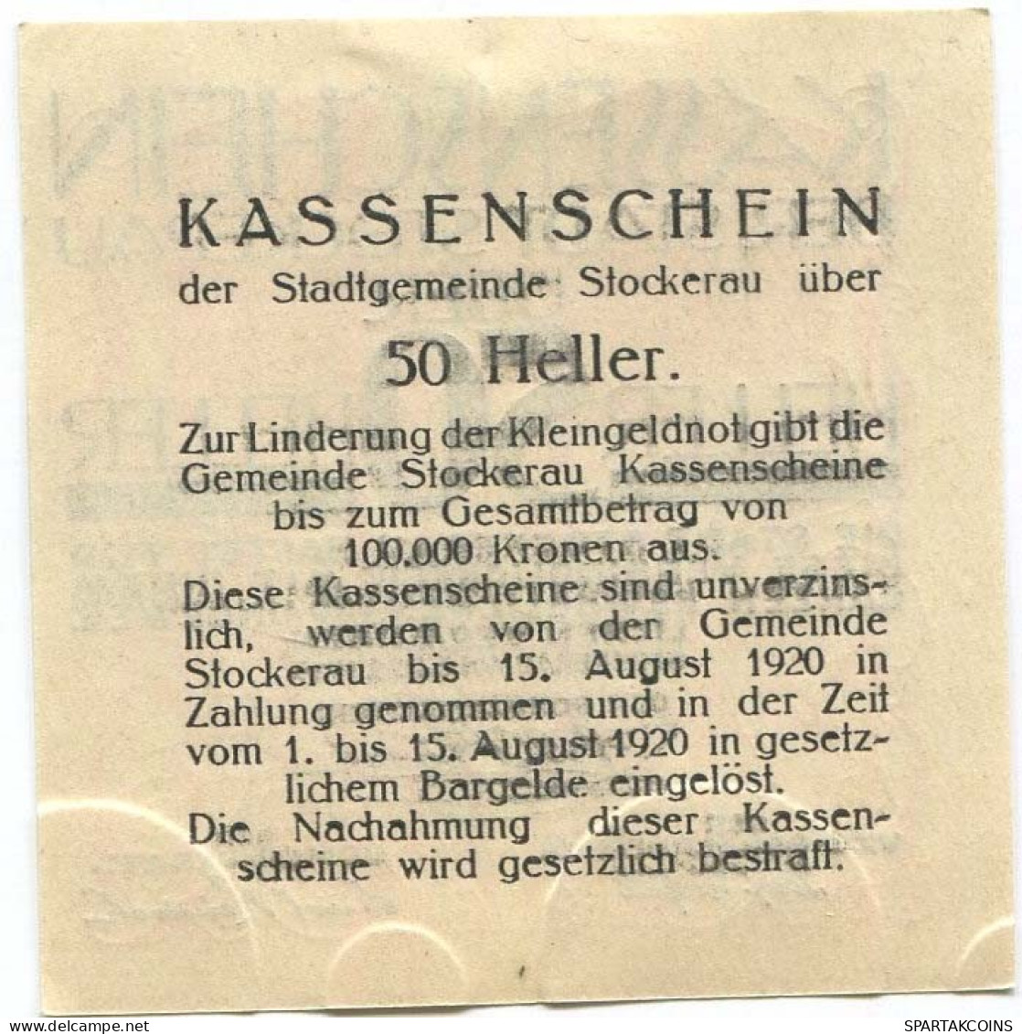 50 HELLER 1920 Stadt STOCKERAU Niedrigeren Österreich Notgeld Papiergeld Banknote #PL780 - [11] Emisiones Locales