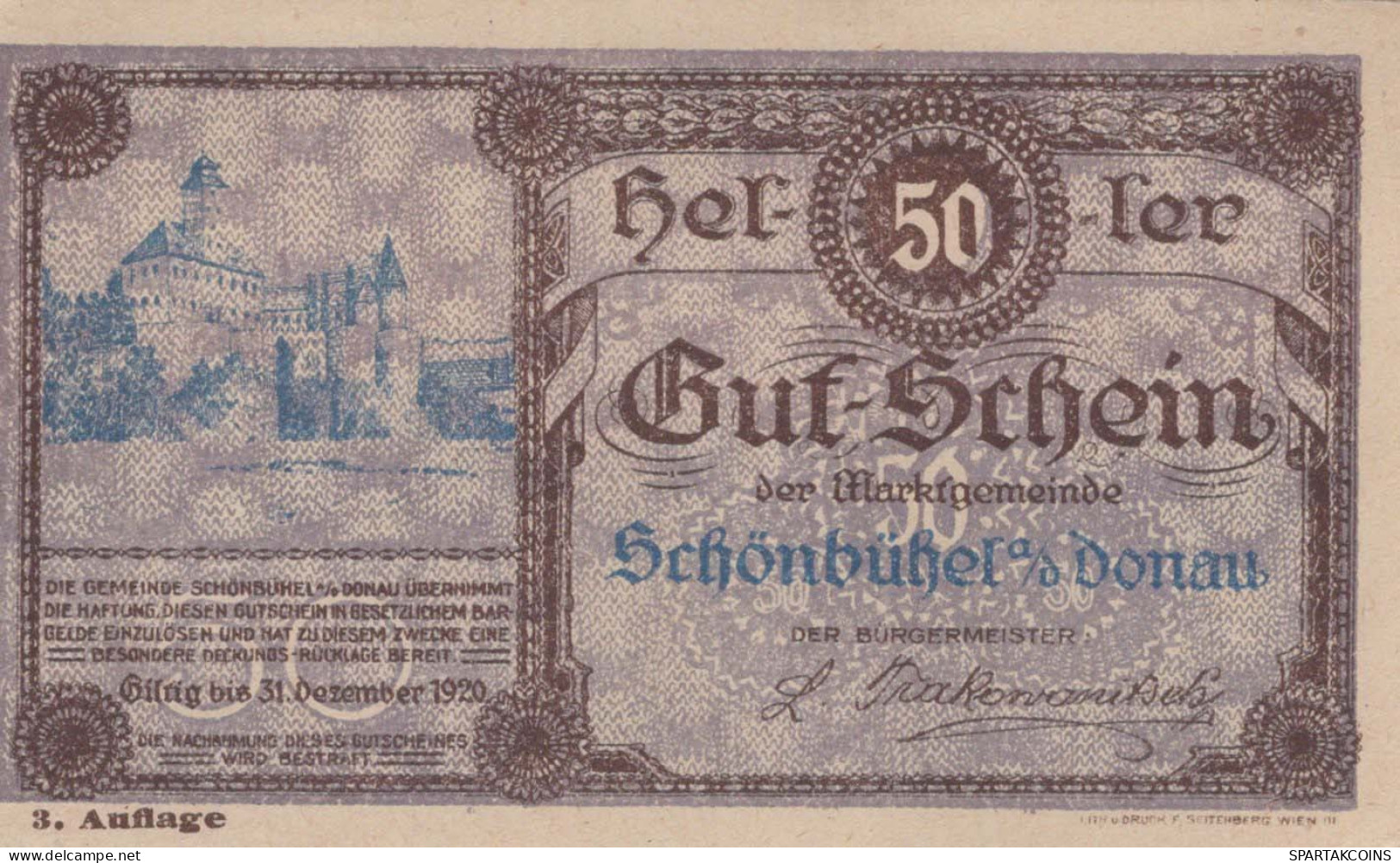 50 HELLER 1920 Stadt SCHoNBÜHEL AN DER DONAU Niedrigeren Österreich UNC Österreich #PH034 - [11] Emissions Locales