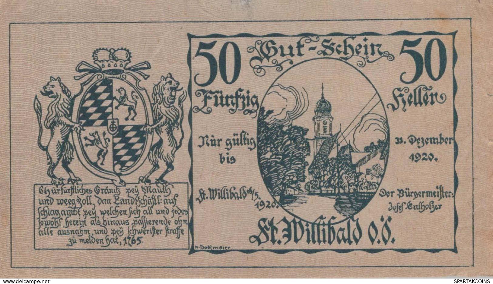 50 HELLER 1920 Stadt SANKT WILLIBALD Oberösterreich Österreich Notgeld #PI262 - [11] Emissions Locales