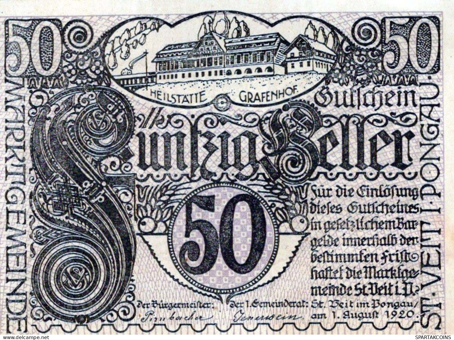 50 HELLER 1920 Stadt SANKT VEIT IM PONGAU Salzburg Österreich Notgeld Papiergeld Banknote #PG696 - [11] Emissions Locales