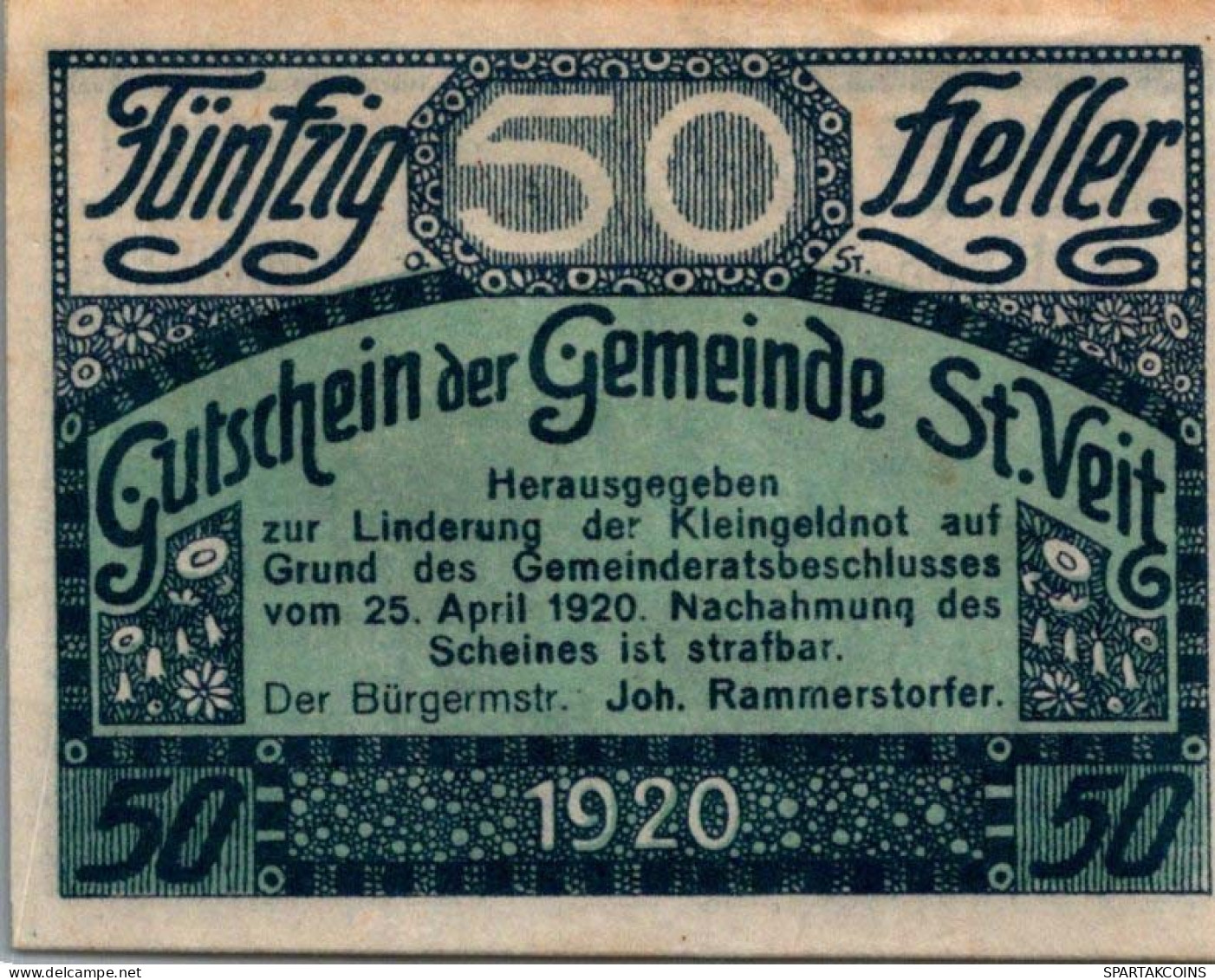 50 HELLER 1920 Stadt SANKT VEIT IM MÜHLKREIS Oberösterreich Österreich #PF046 - [11] Emissions Locales