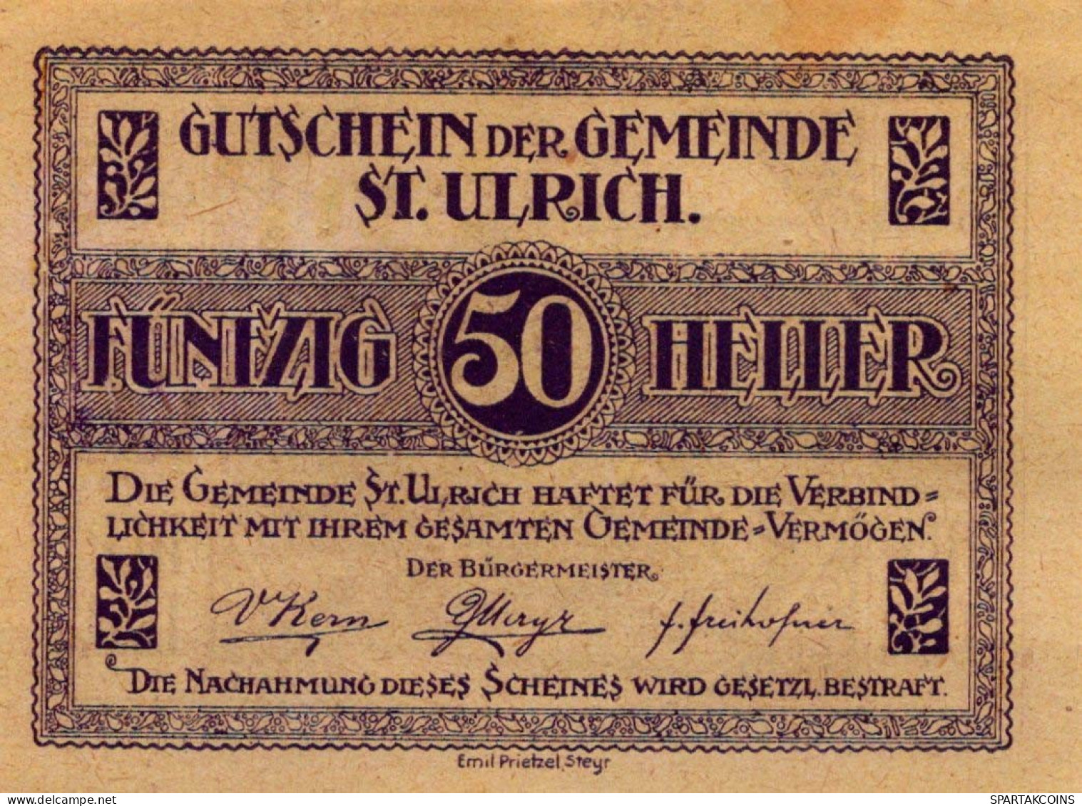 50 HELLER 1920 Stadt SANKT ULRICH Oberösterreich Österreich Notgeld #PE880 - [11] Emissions Locales