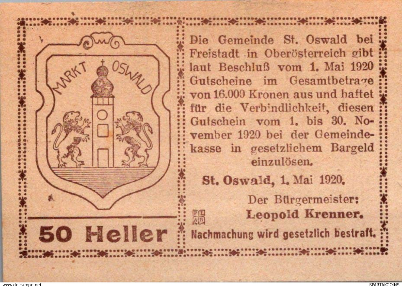 50 HELLER 1920 Stadt SANKT OSWALD BEI FREISTAD Oberösterreich Österreich #PF052 - [11] Emissions Locales