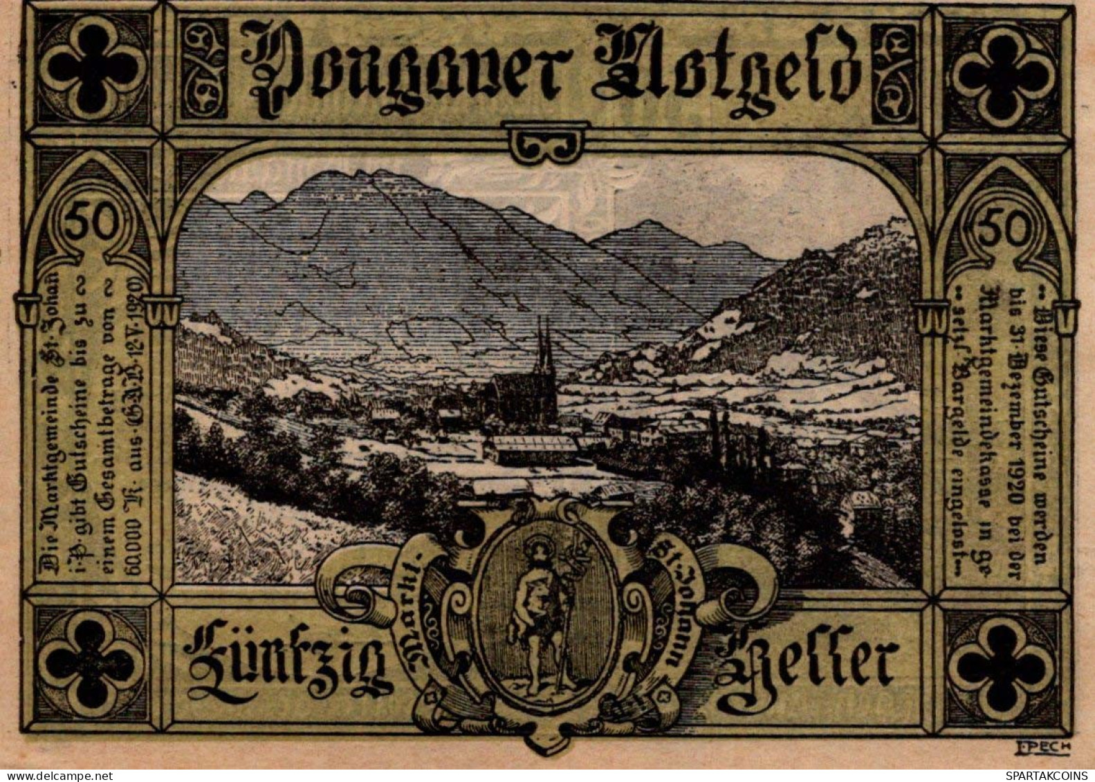 50 HELLER 1920 Stadt SANKT JOHANN IM PONGAU Salzburg Österreich Notgeld Papiergeld Banknote #PG681 - [11] Emisiones Locales