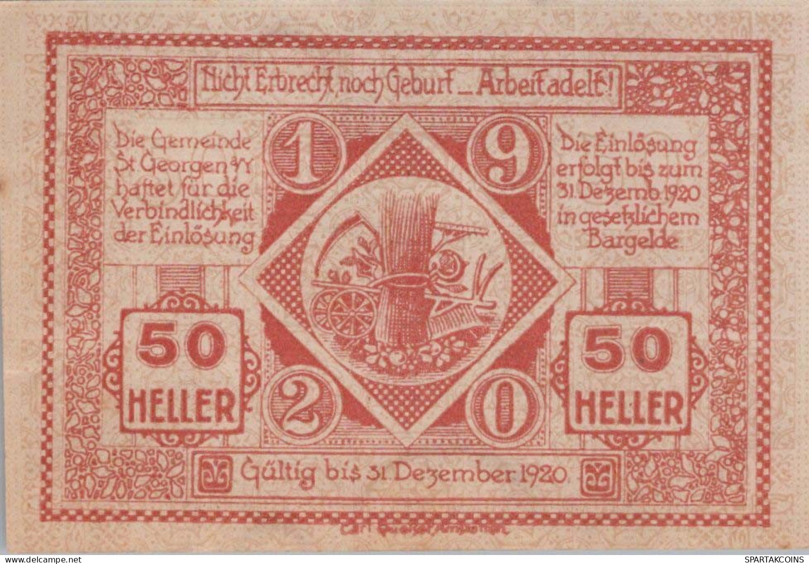 50 HELLER 1920 Stadt SANKT GEORGEN AM YBBSFELDE Niedrigeren Österreich #PE660 - [11] Emisiones Locales