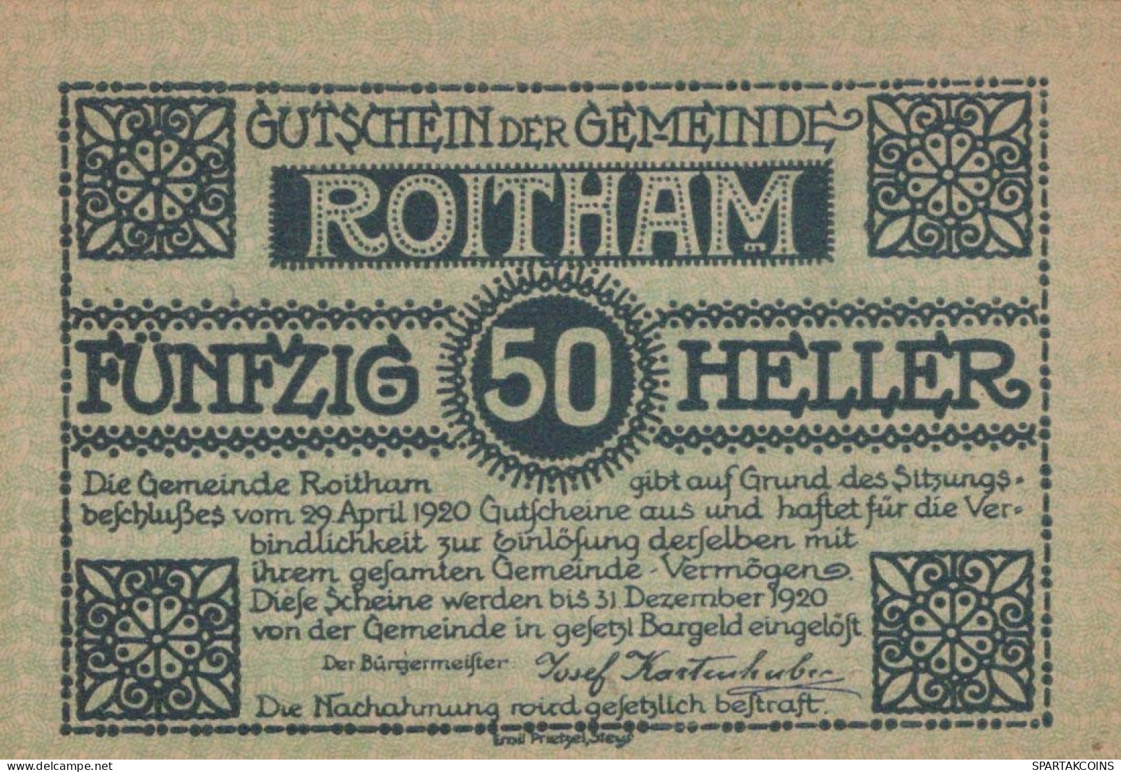 50 HELLER 1920 Stadt ROITHAM Oberösterreich Österreich UNC Österreich Notgeld #PH106 - [11] Emisiones Locales