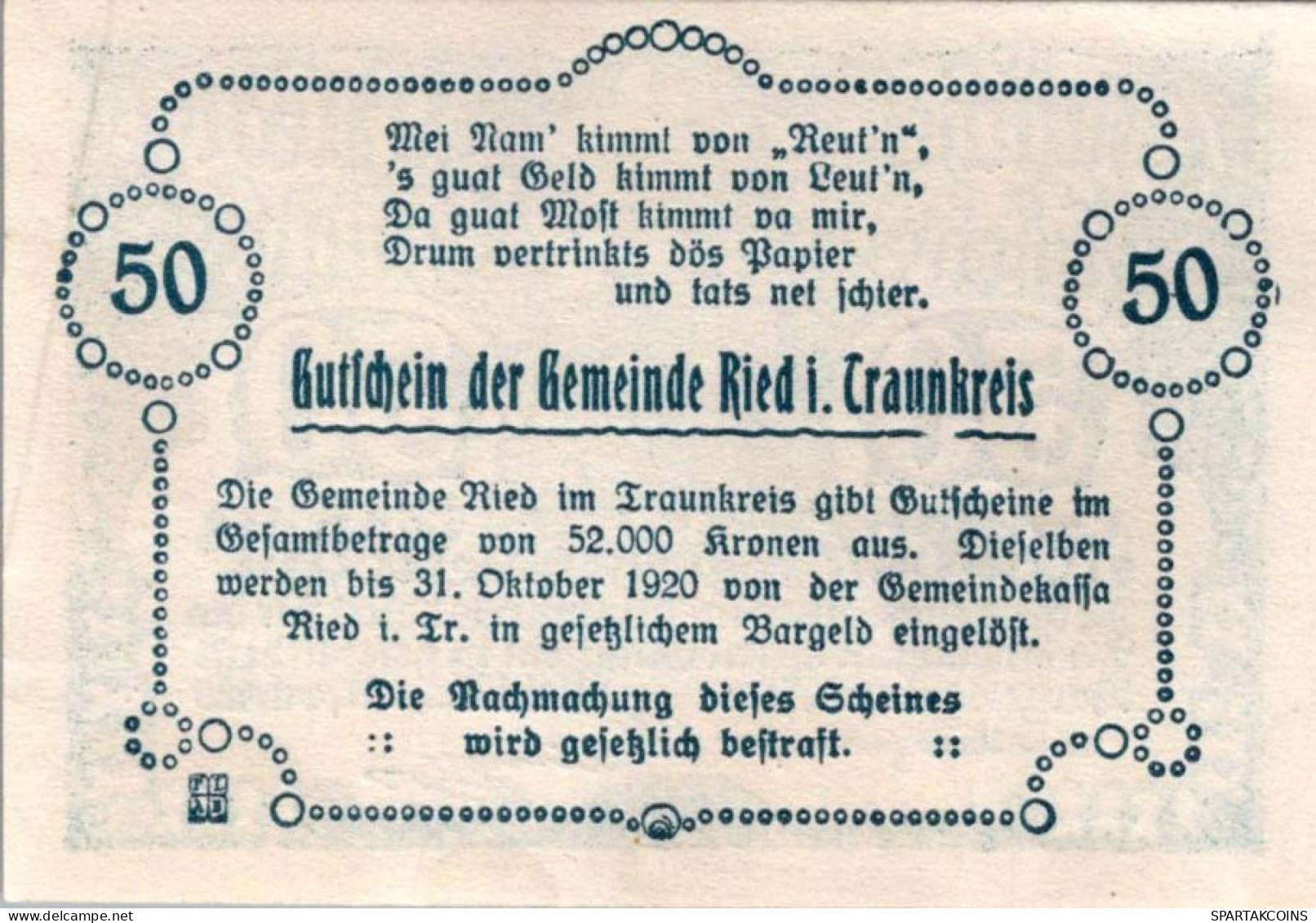 50 HELLER 1920 Stadt RIED IM TRAUNKREIS Oberösterreich Österreich Notgeld #PE542 - [11] Emisiones Locales