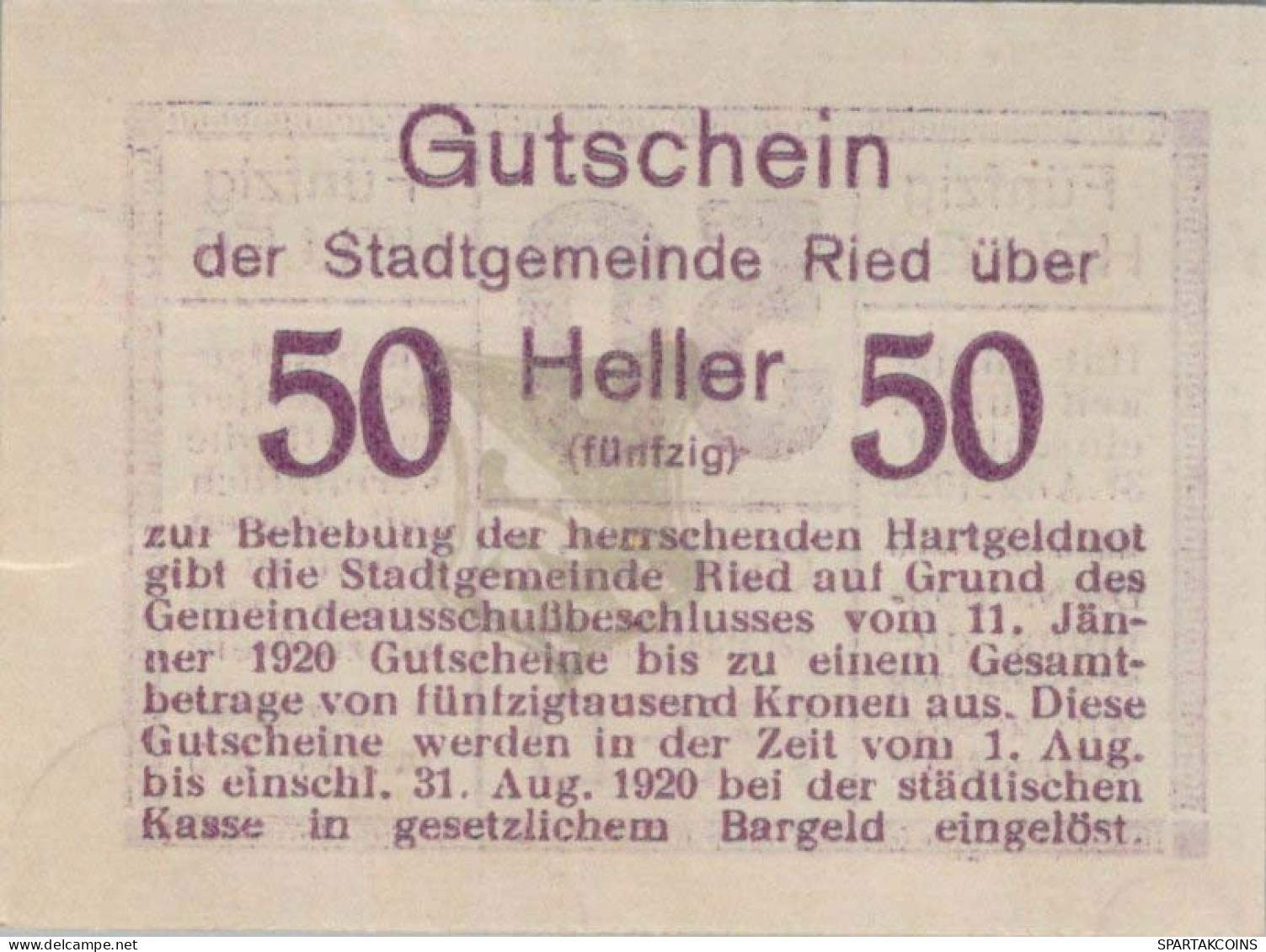 50 HELLER 1920 Stadt RIED IM INNKREIS Oberösterreich Österreich Notgeld #PE532 - Lokale Ausgaben
