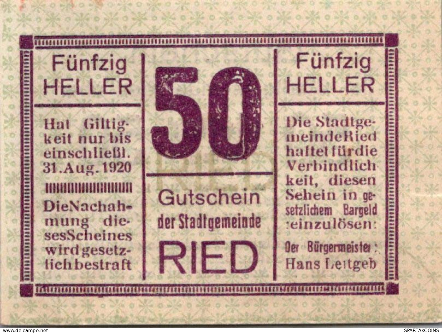 50 HELLER 1920 Stadt RIED IM INNKREIS Oberösterreich Österreich Notgeld #PE532 - [11] Emisiones Locales