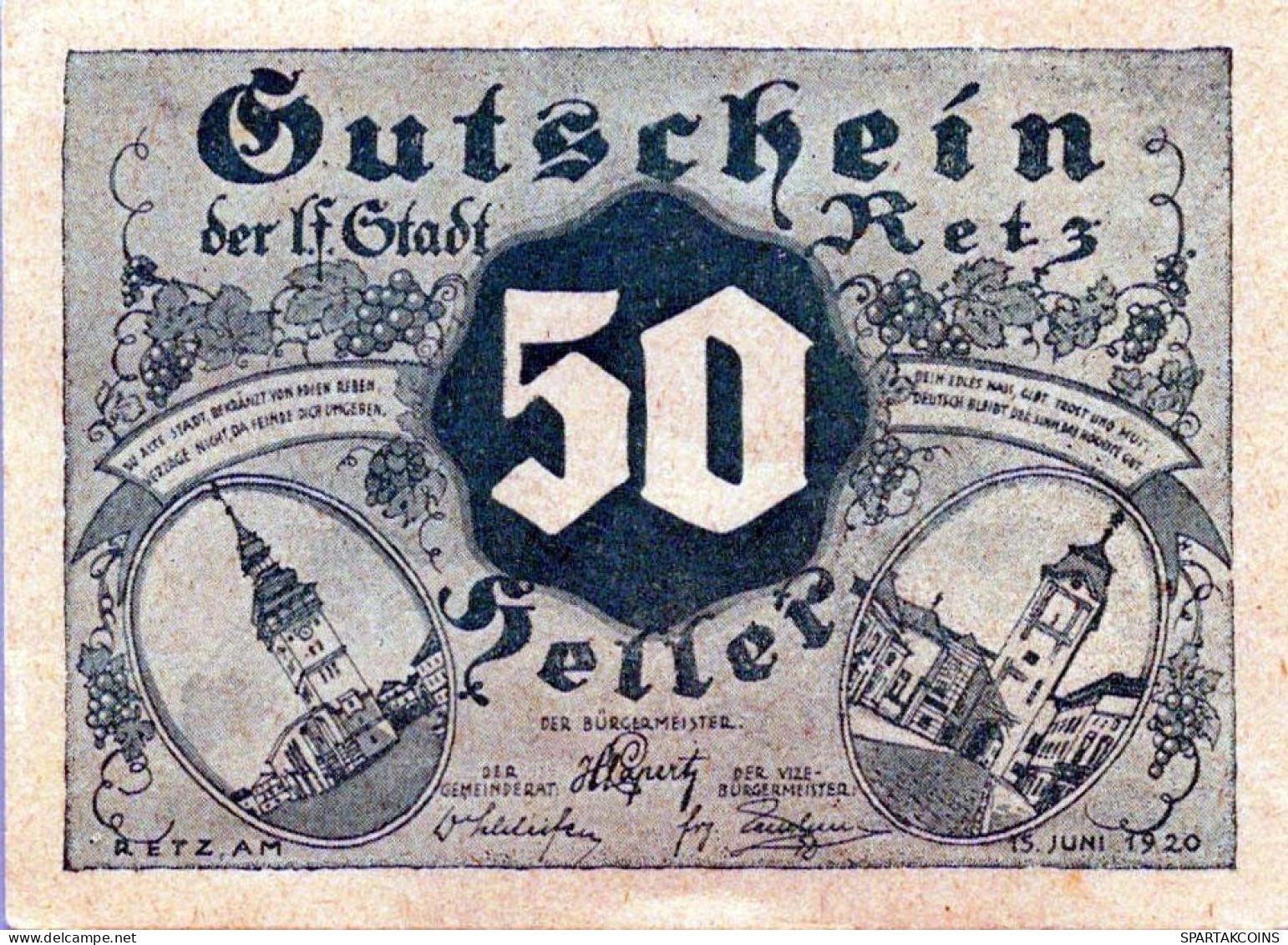 50 HELLER 1920 Stadt RETZ Niedrigeren Österreich Notgeld Banknote #PE595 - [11] Emisiones Locales