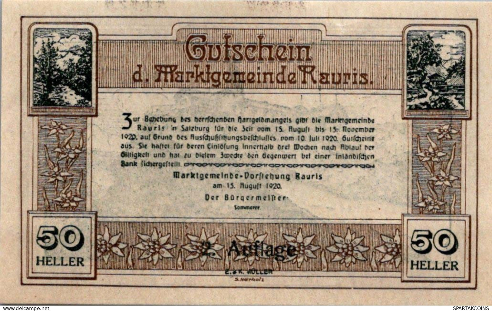 50 HELLER 1920 Stadt Rauris Salzburg Österreich Notgeld Banknote #PE554 - [11] Emisiones Locales