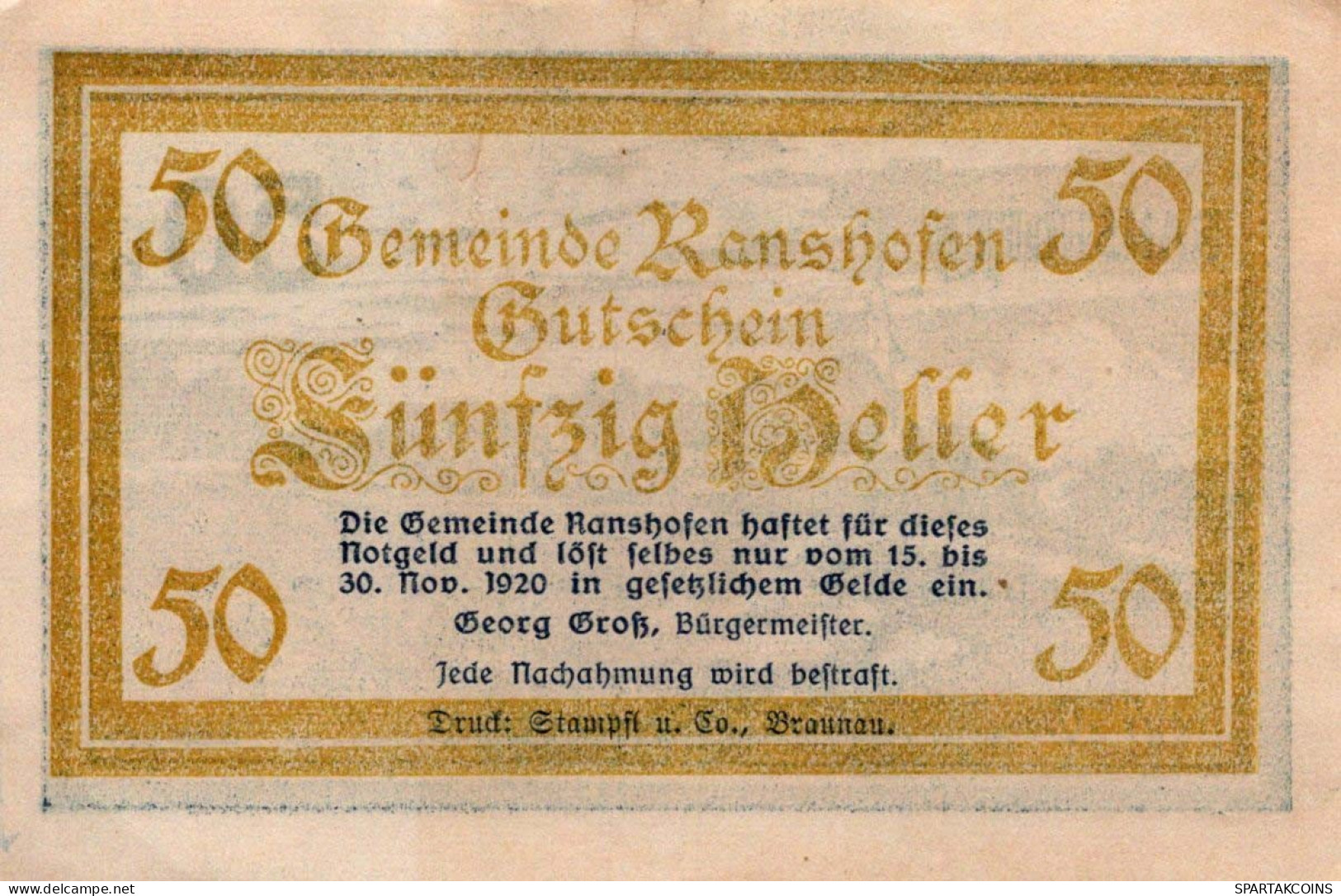 50 HELLER 1920 Stadt RANSHOFEN Oberösterreich Österreich Notgeld Banknote #PE561 - [11] Emisiones Locales