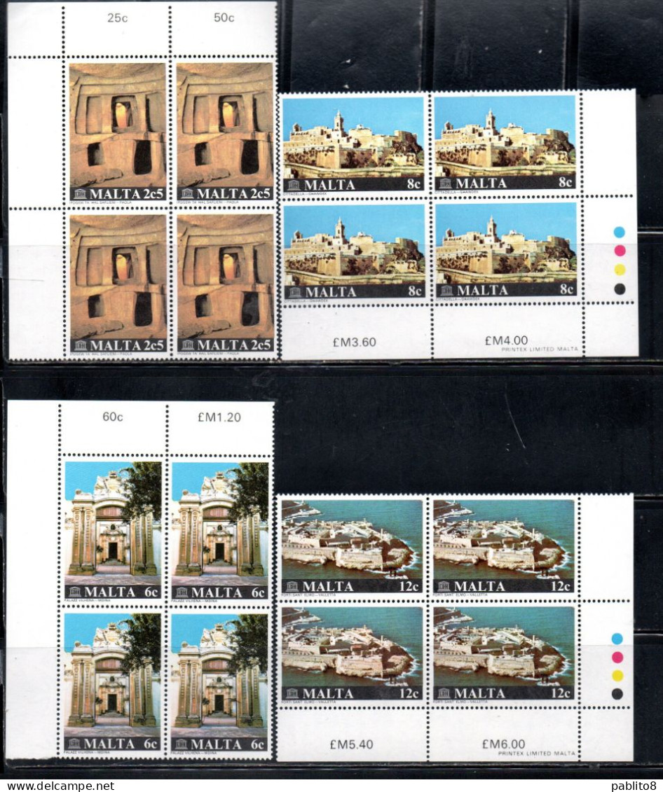 MALTA 1980 MONUMENTS RESTORATION UNESCO RESTAURO DEI MONUMENTI COMPLETE SET SERIE COMPLETA BLOCCO QUARTINA MNH - Malte