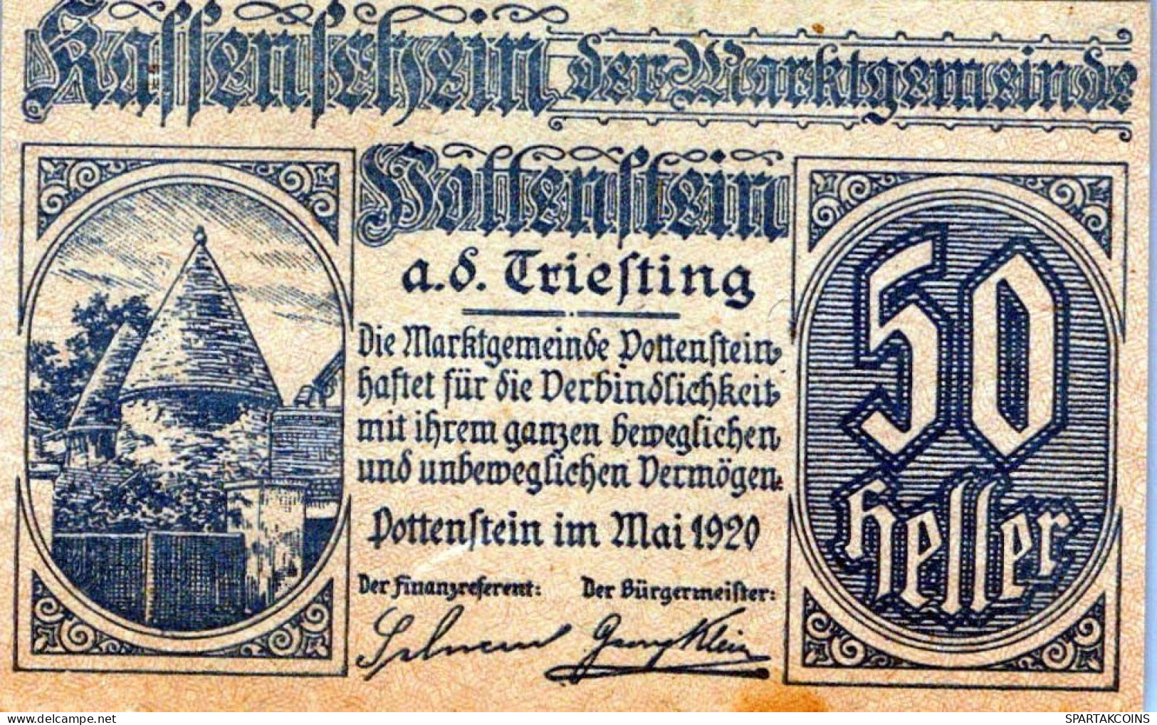 50 HELLER 1920 Stadt POTTENSTEIN Niedrigeren Österreich Notgeld #PE336 - [11] Emisiones Locales