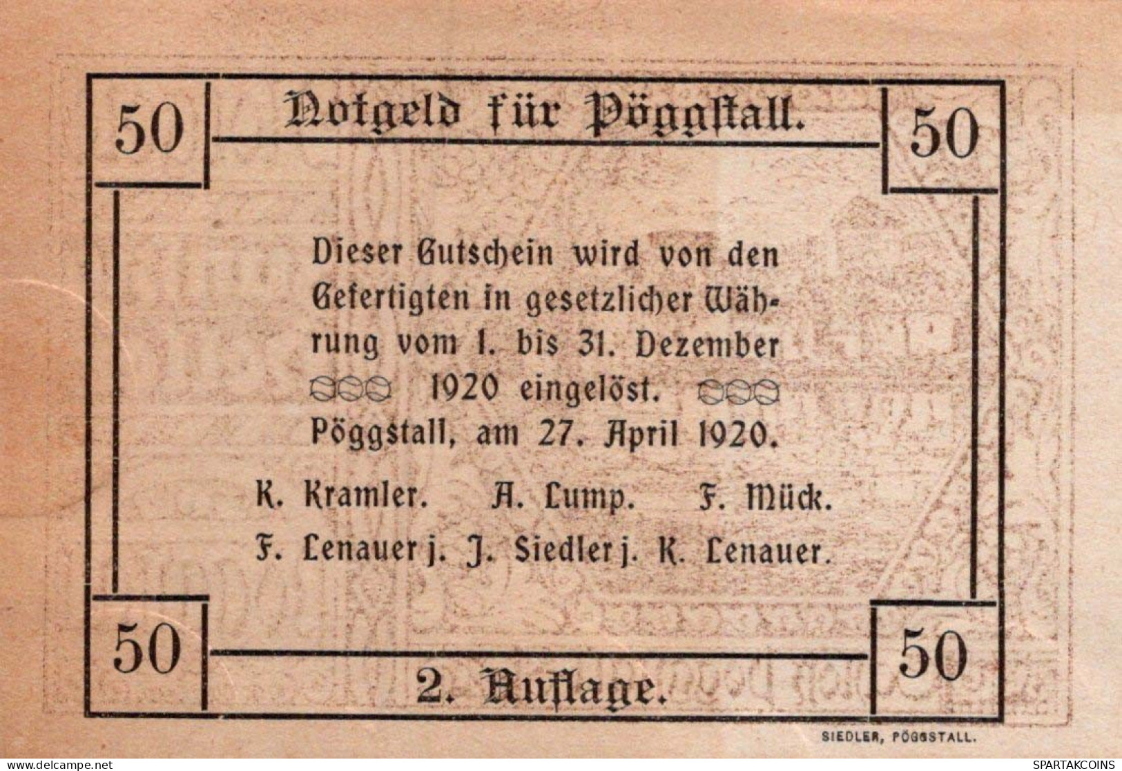 50 HELLER 1920 Stadt PoGGSTALL Niedrigeren Österreich Notgeld Banknote #PE302 - [11] Local Banknote Issues