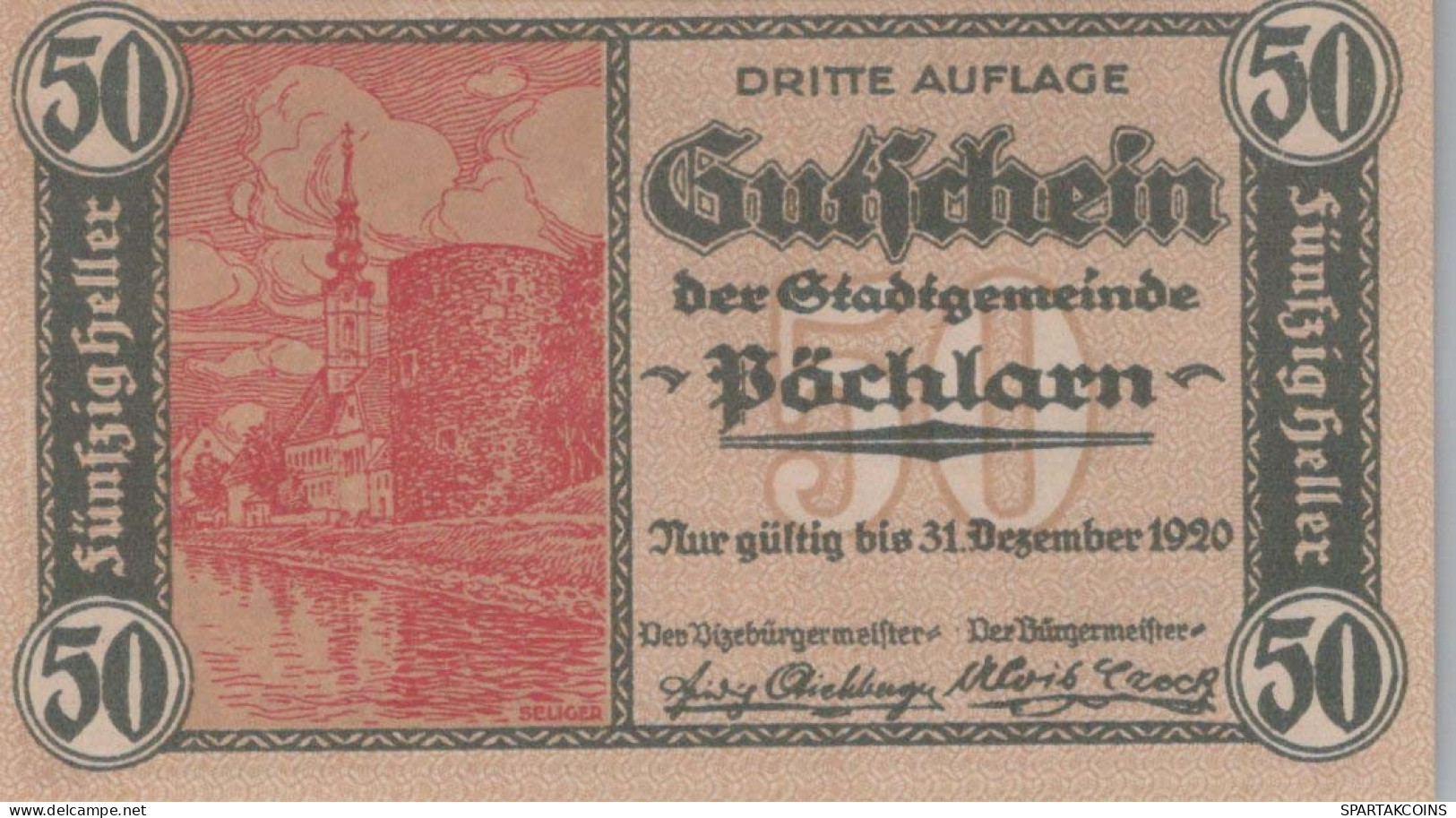 50 HELLER 1920 Stadt PÖCHLARN Niedrigeren Österreich Notgeld Papiergeld Banknote #PG986 - [11] Emissions Locales