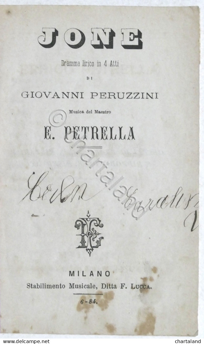 Libretto Opera - G. Peruzzini - Jone - Musica Di Errico Petrella - XIX Secolo - Sonstige & Ohne Zuordnung