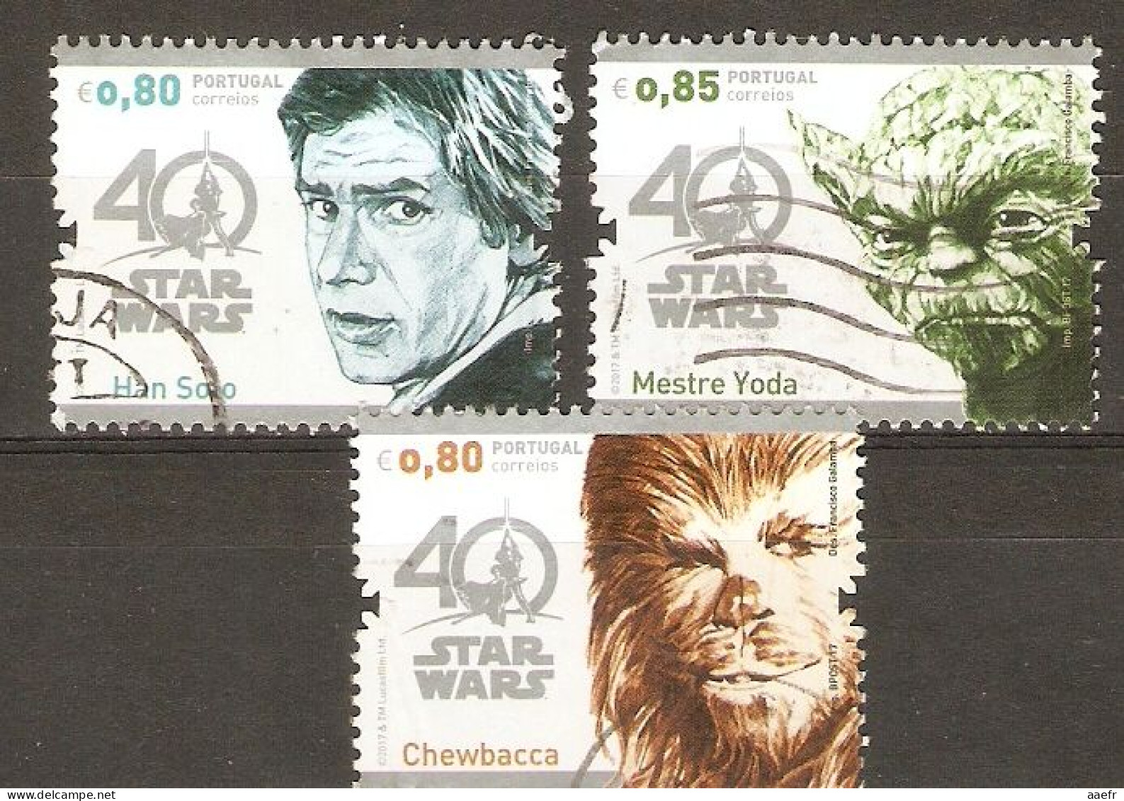 Portugal 2017 - Cinéma - 40 ème Anniversaire Star Wars - Petit Lot De 3° - Yoda - Han Solo - Chewbacca - Oblitérés