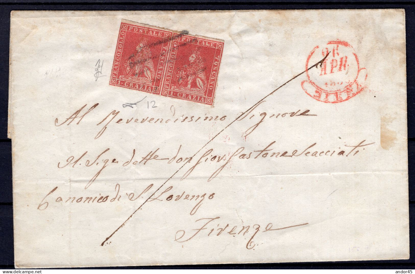 1858 26 APR  COPPIA DEL  1 CR. CARMINIO SU GRIGIO  SASS.12a II^ EMISSIONE LEONE MEDICEO CON CORONA SULLA TESTA  CON ANNU - Toskana