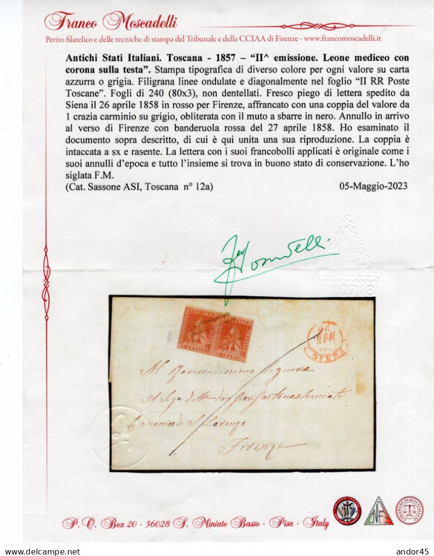 1858 26 APR  COPPIA DEL  1 CR. CARMINIO SU GRIGIO  SASS.12a II^ EMISSIONE LEONE MEDICEO CON CORONA SULLA TESTA  CON ANNU - Tuscany