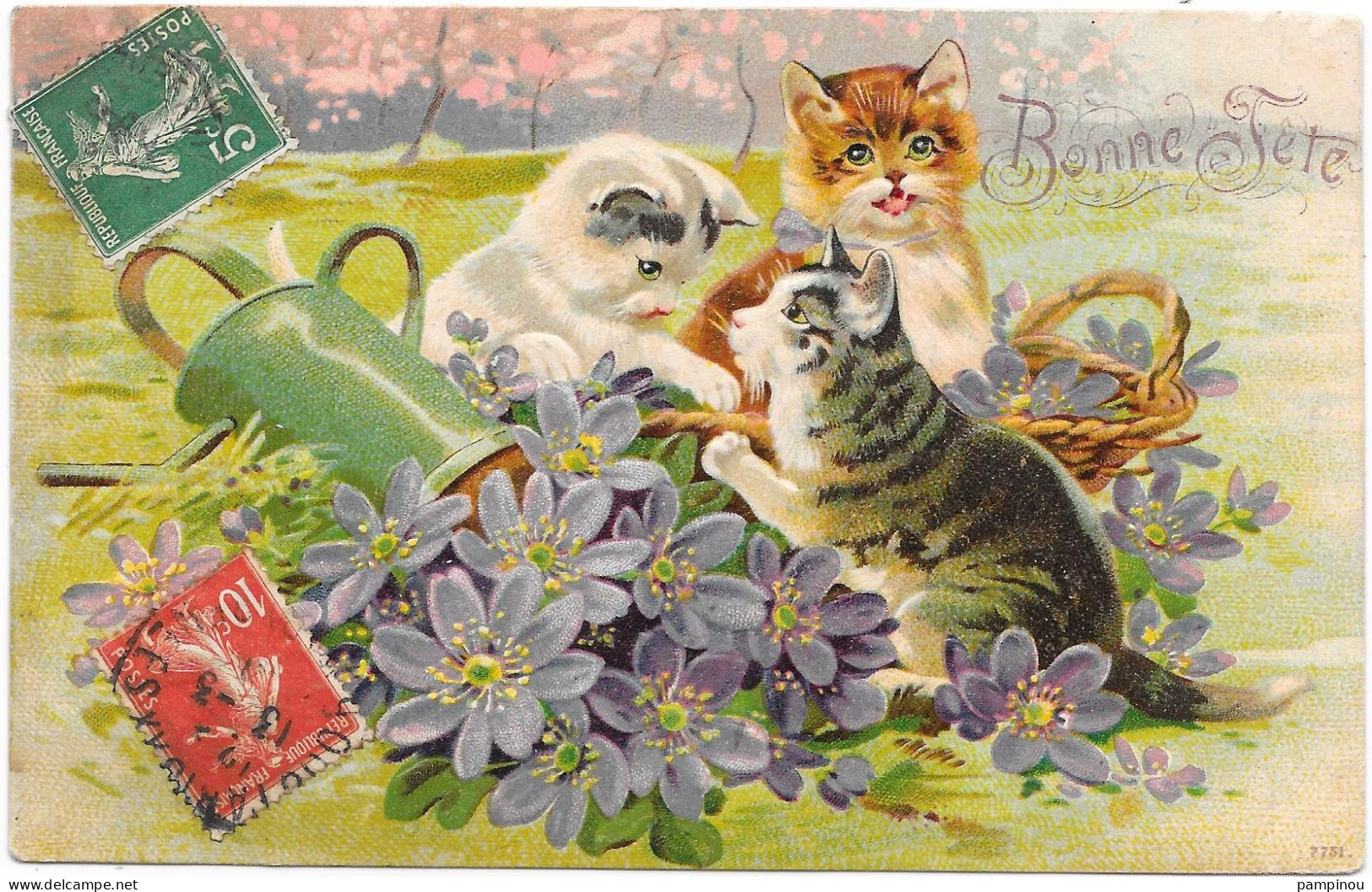 CHATS -Gaufrée -Trois Chats Jouant Dans Panier De Fleurs Et Arrosoir - Katzen