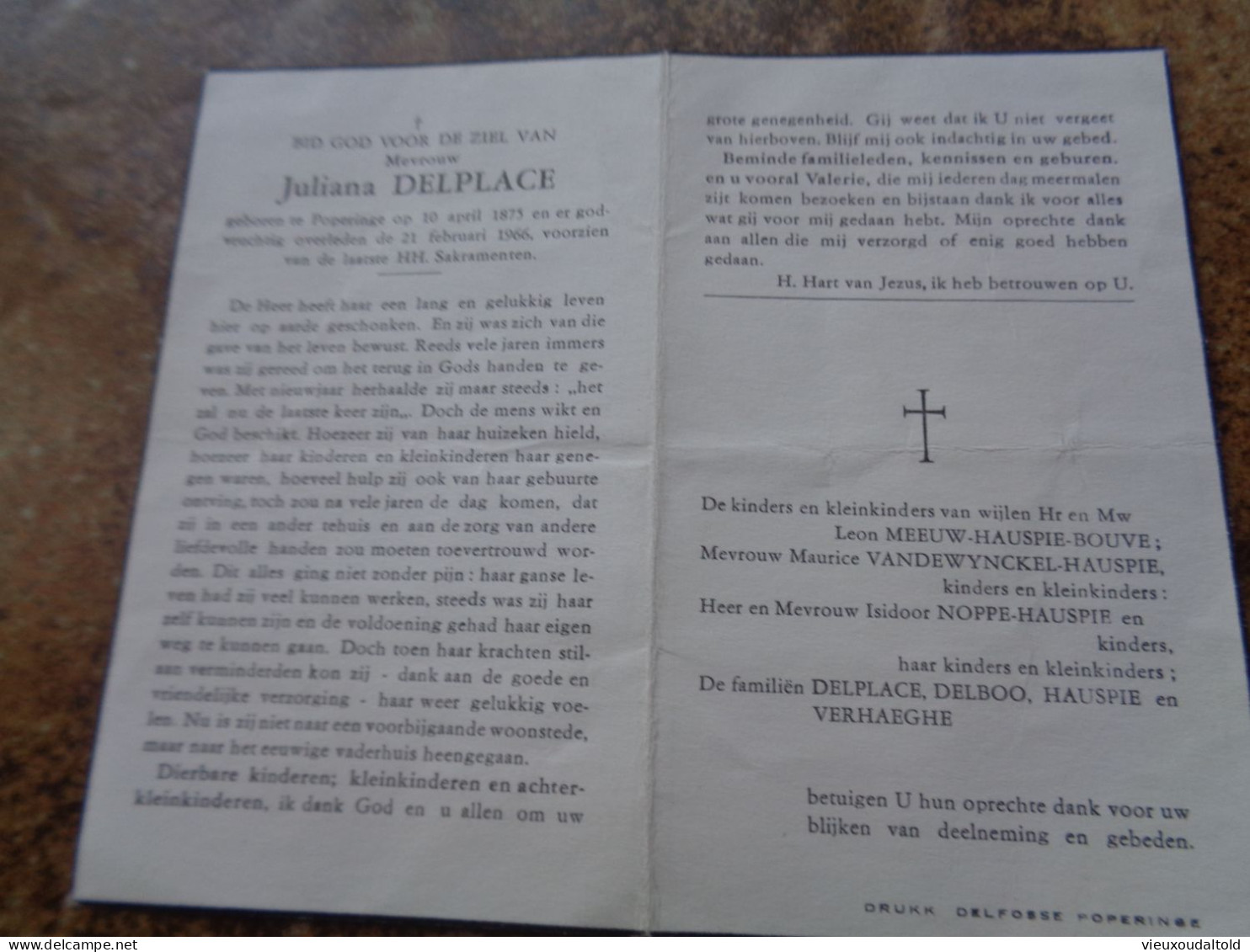 --Doodsprentje/Bidprentje  Juliana DELPLACE   Poperinge 1875-1966 - Religion & Esotérisme