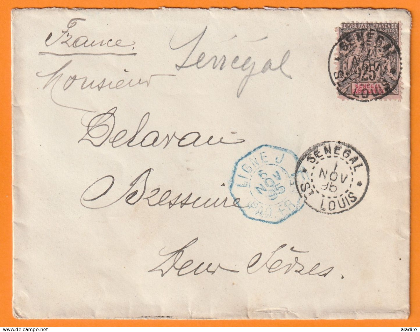 1896 - 25 C Groupe Sur Enveloppe De Saint Louis Du Sénégal Vers Bressuire, Deux Sèvres Par Paquebot N° 5  Ligne J - Covers & Documents