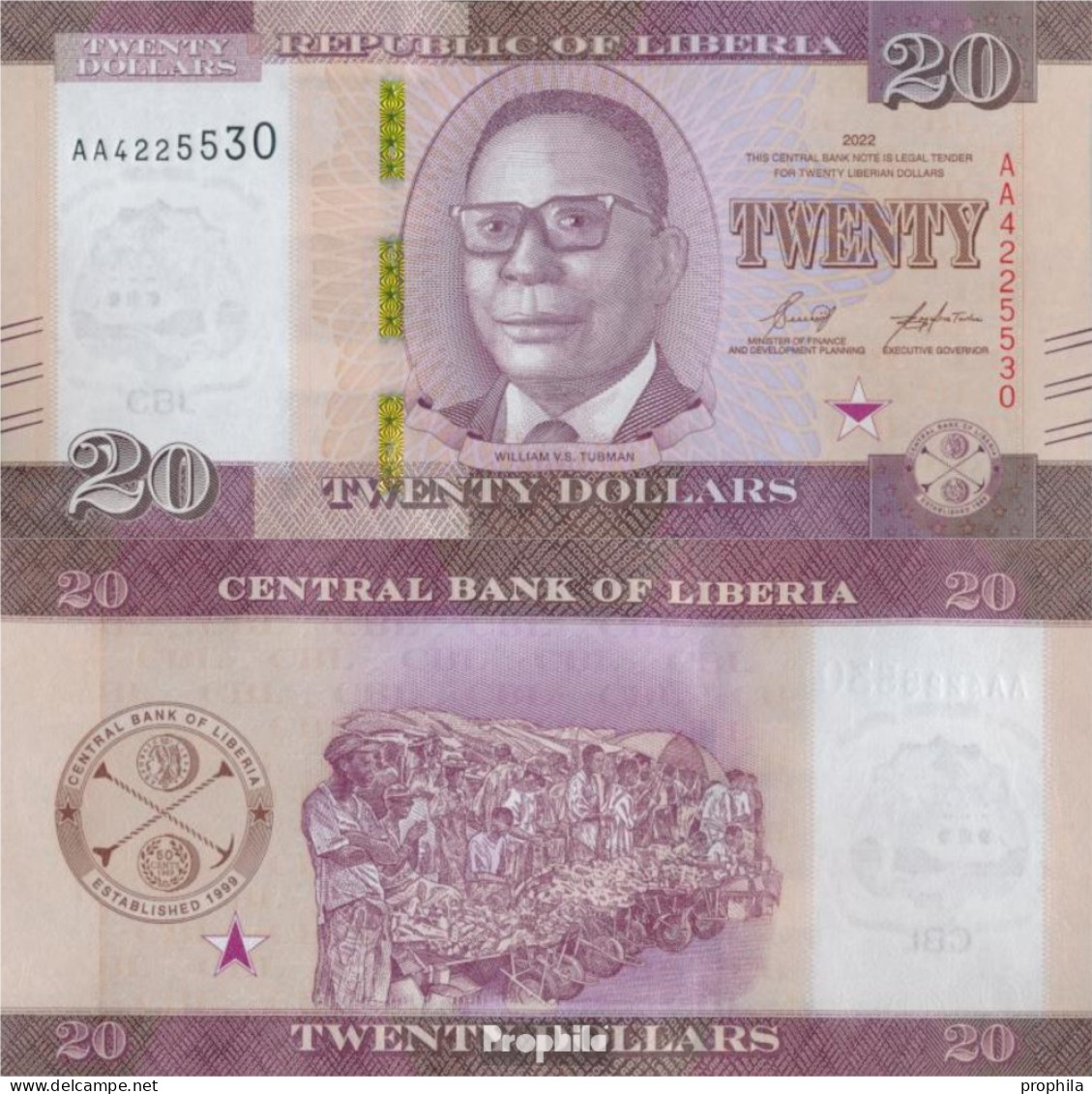 Liberia Pick-Nr: 33 (2022) Bankfrisch 2019 20 Dollars - Liberia