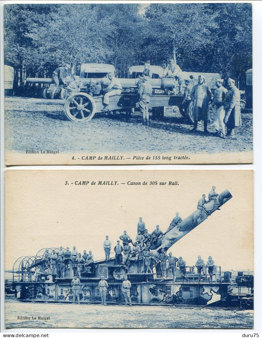 LOT 2 CP Militaria * CAMP De MAILLY Pièce De 155 Long Tractée & Canon De 305 Sur Rail ( Animées Soldats ) - Matériel