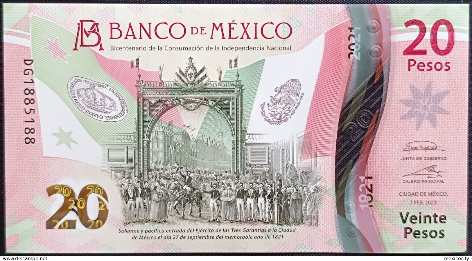 MEXICO $20 SERIES DG1885188 REPEAT # - 7-FEBR-2023 INDEPENDENCE POLYMER NOTE BU Mint Crisp - México