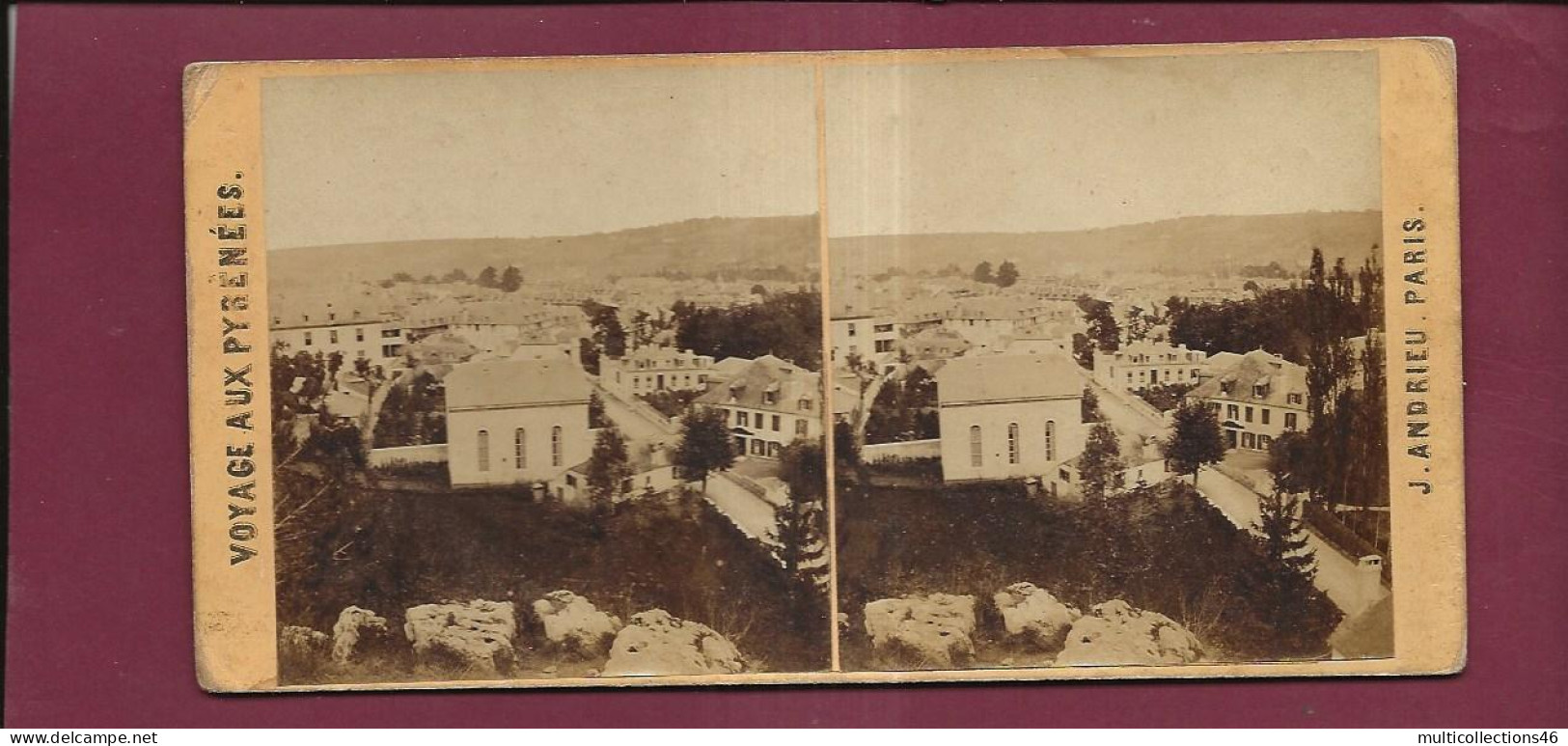 190424 - PHOTO STEREO PAPIER - VOYAGE AUX PYRENEES J ANDRIEU PARIS - BAGNERES DE BIGORRE Vue Prise De Lapeyrère - Photos Stéréoscopiques