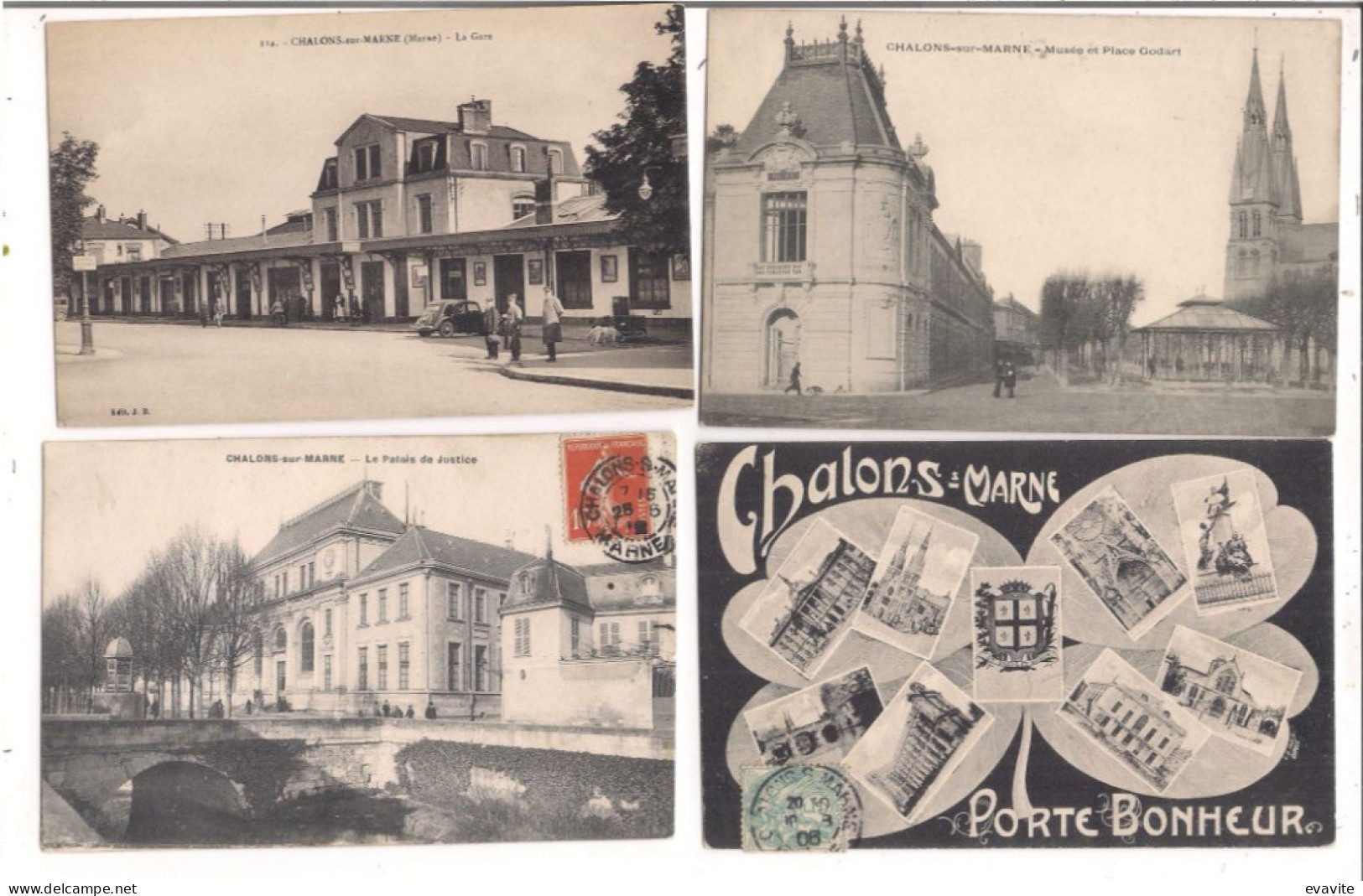 Lot De 4 CPA (51)  CHÂLONS-sur-MARNE  -   Gare, Palais De Justice, Musée Place Godart, Porte-Bonheur - Châlons-sur-Marne