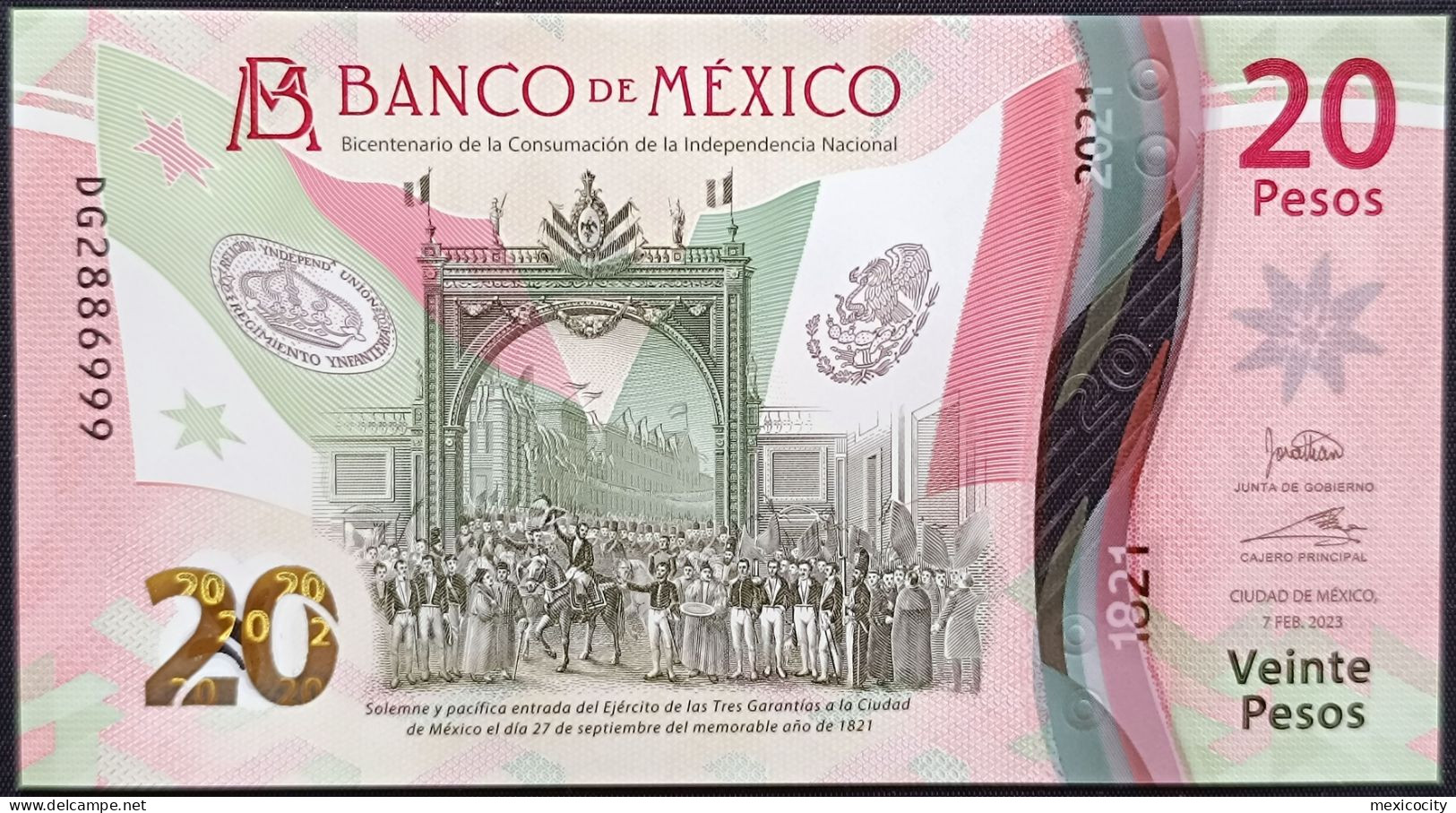 MEXICO $20 SERIES DG2886999 ANGEL # - 7-FEBR-2023 INDEPENDENCE POLYMER NOTE BU Mint Crisp - Mexico