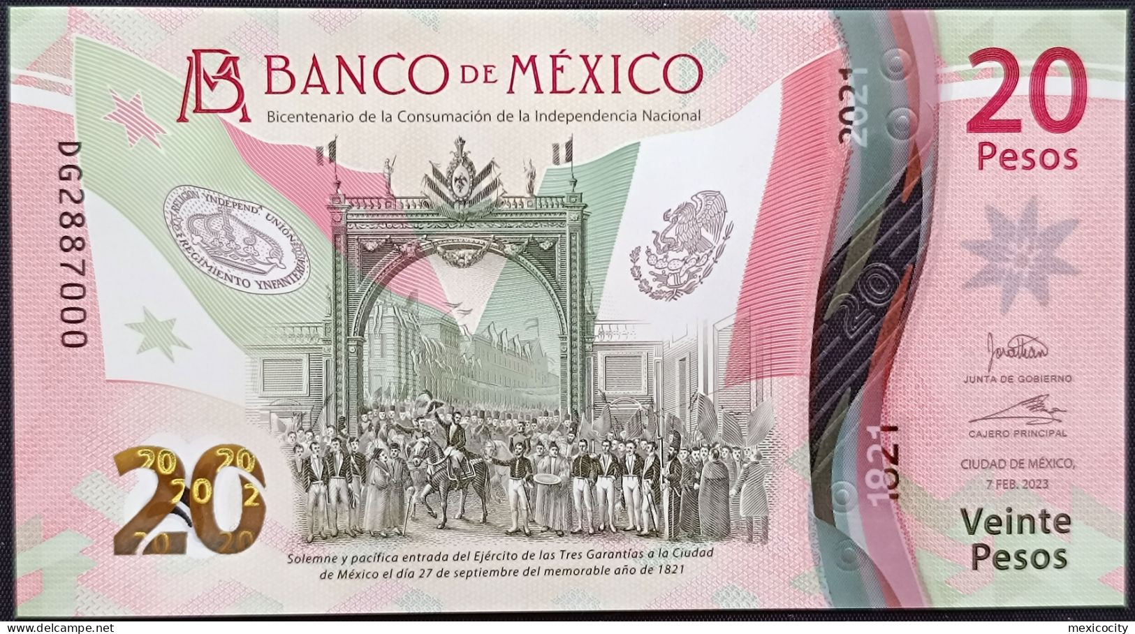 MEXICO $20 SERIES DG2887000 ANGEL # - 7-FEBR-2023 INDEPENDENCE POLYMER NOTE BU Mint Crisp - Mexico