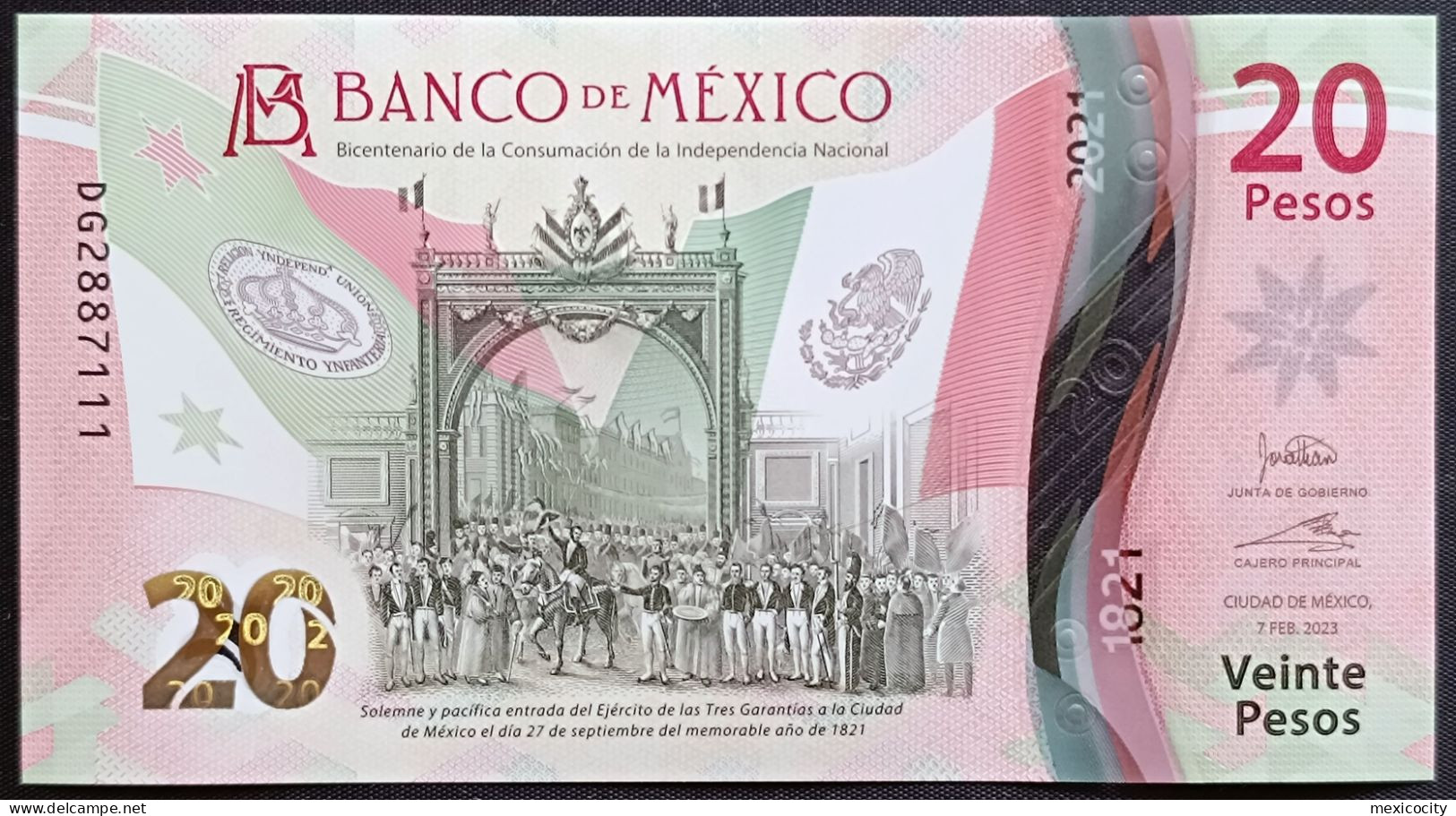 MEXICO $20 SERIES DG2887111 ANGEL # - 7-FEBR-2023 INDEPENDENCE POLYMER NOTE BU Mint Crisp - Mexico