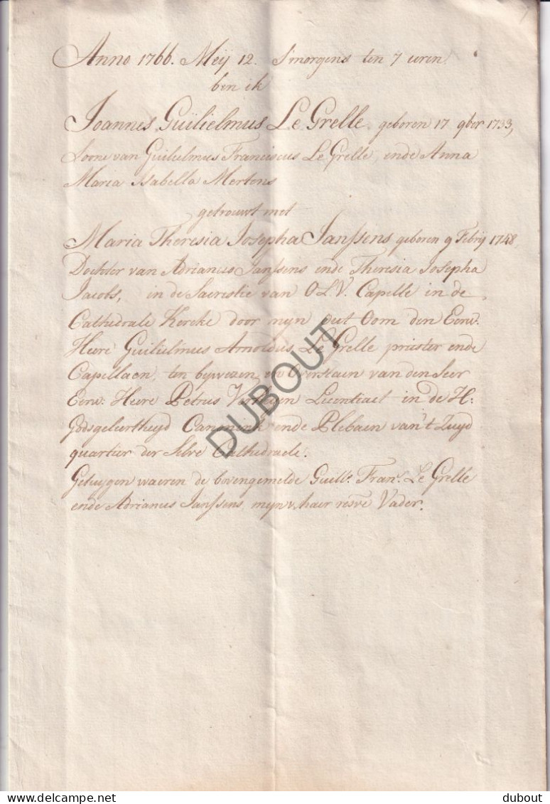 Familie Le Grelle - Johannes Guilielmus Gehuwd Met Maria Theresia Janssens 1766 (V3046) - Manuscrits