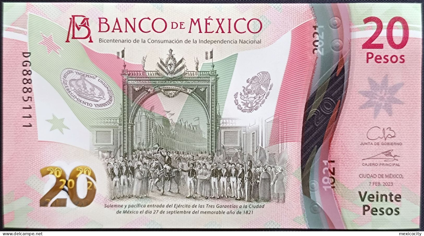 MEXICO $20 SERIES DG8885111 DOUBLE ANGEL # - 7-FEBR-2023 INDEPENDENCE POLYMER NOTE BU Mint Crisp - Mexico