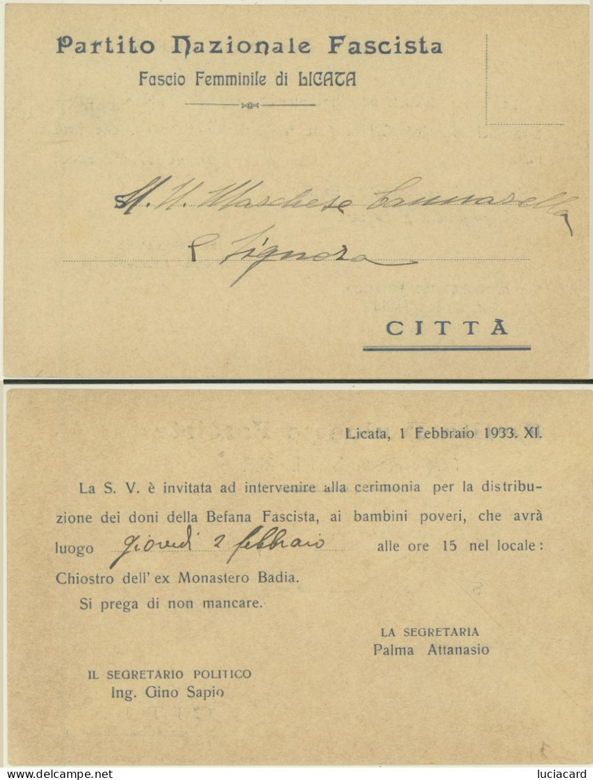 LICATA -AGRIGENTO -FASCIO FEMMINILE PARTITO NAZIONALE FASCISTA 1933 - Agrigento