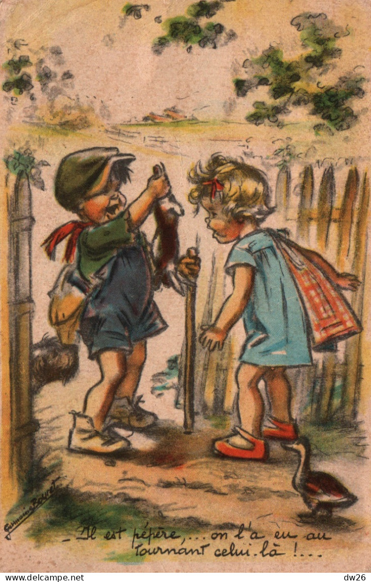 Illustration Germaine Bouret - Couple D'enfants, La Chasse Au Lapin: Il Est Pépère, On L'a Eu Au Tournant - Carte M.P. - Bouret, Germaine