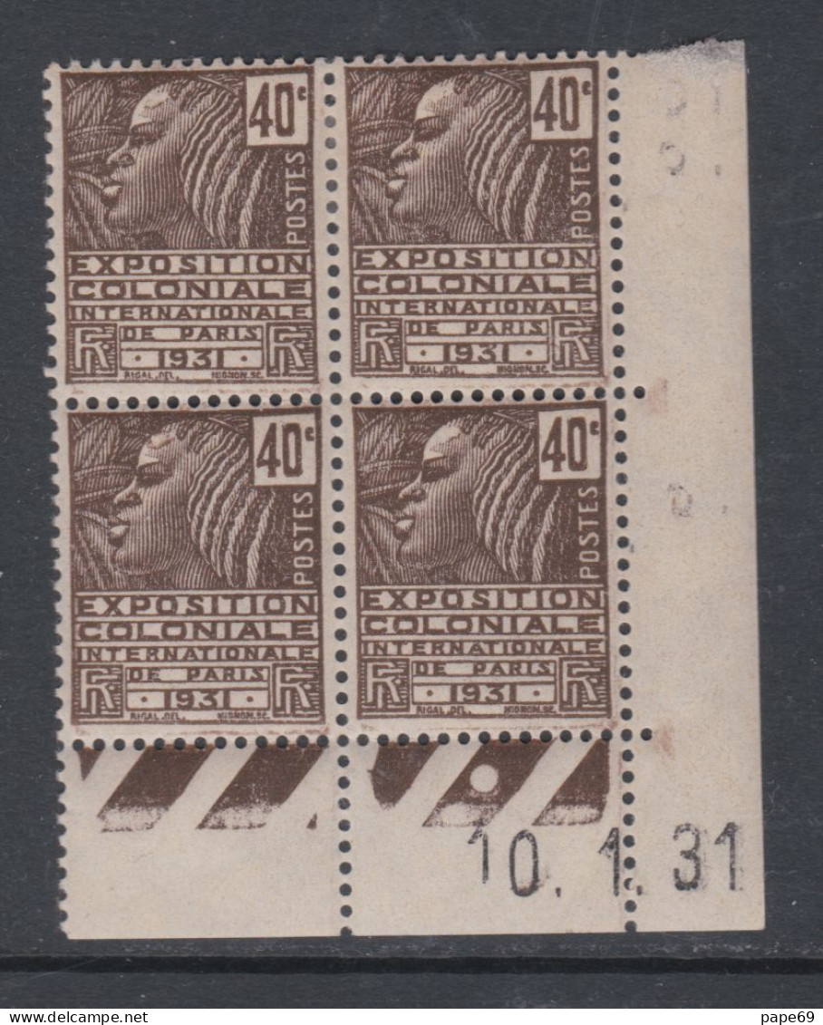 France N° 271 X Expo. Colo. : 40 C En Bloc De 4 Coin Daté Du 10 . 1 . 31.; 1  Point Blanc , Trace  Cha.  TB - ....-1929