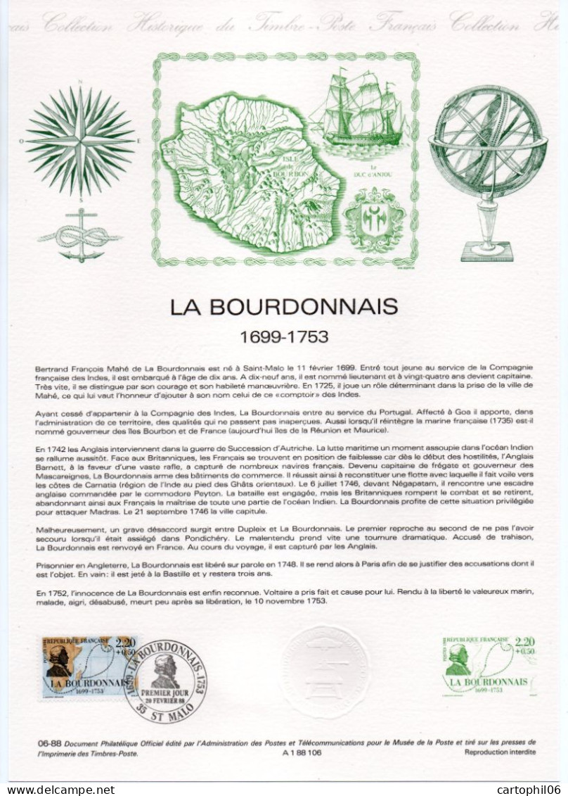 - Document Premier Jour LA BOURDONNAIS (1699-1753) - ST MALO 20.2.1988 - - Exploradores