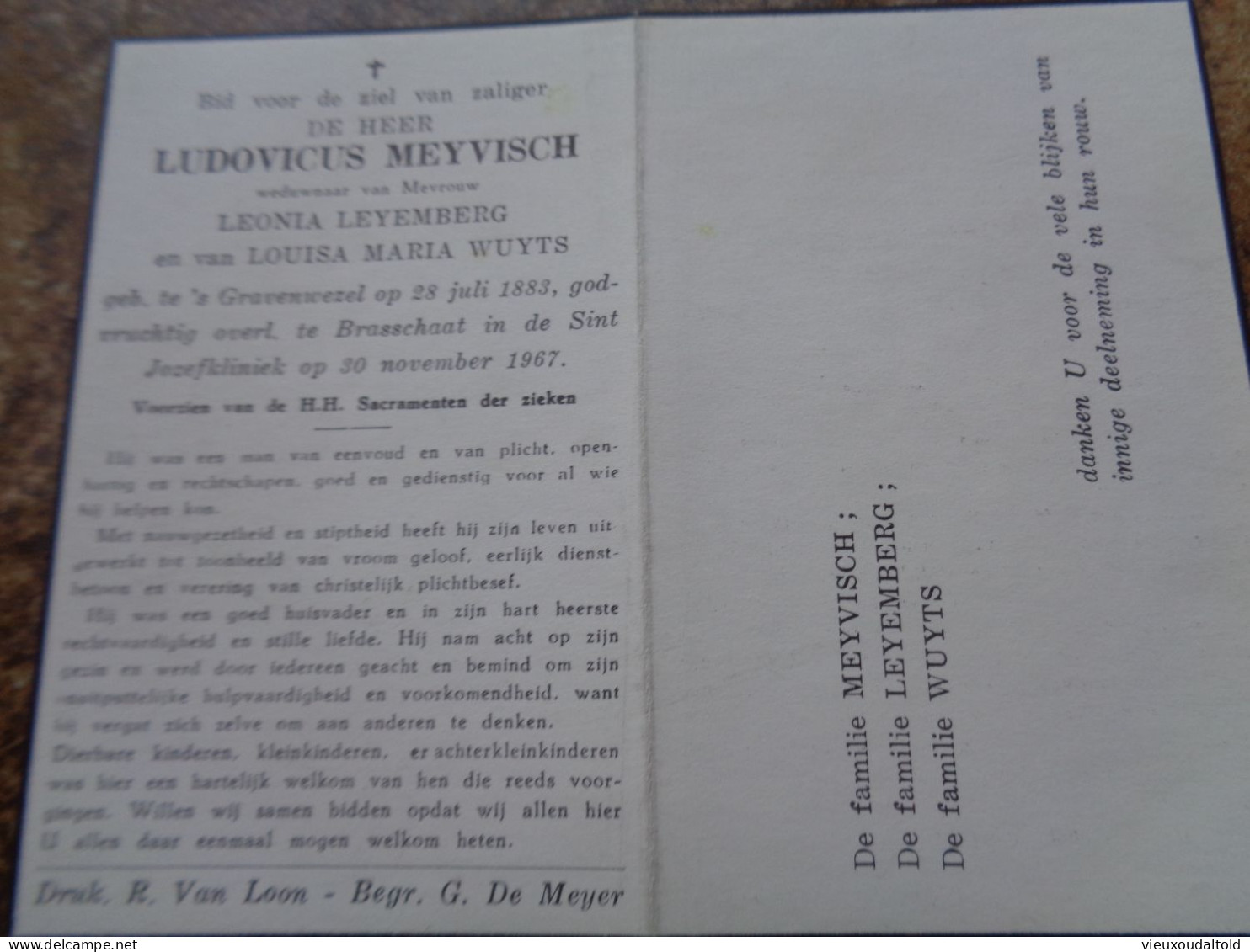 Doodsprentje/Bidprentje   LUDOVICUS MEYVISCH   's Gravenwezel 1883-1967 Brasschaat  (Wdr LEYEMBERG & WUYTS) - Religion &  Esoterik