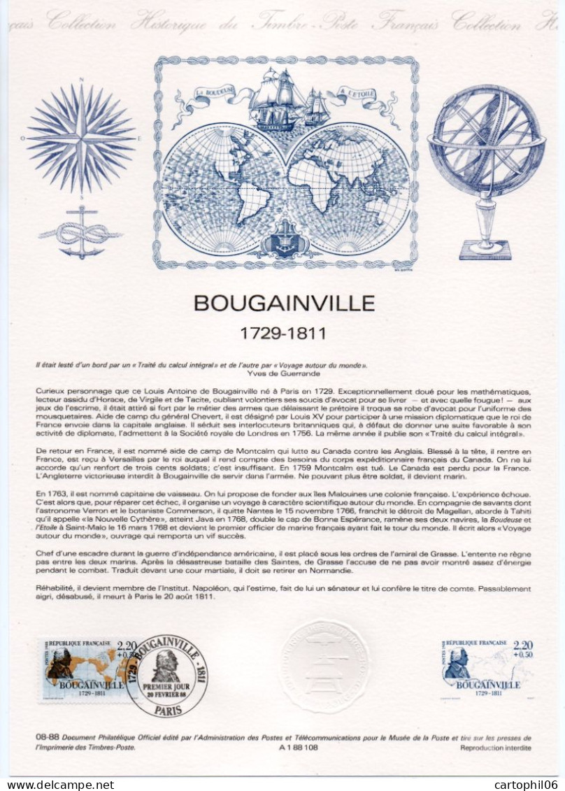 - Document Premier Jour BOUGAINVILLE (1729-1811) - PARIS 20.2.1988 - - Explorers
