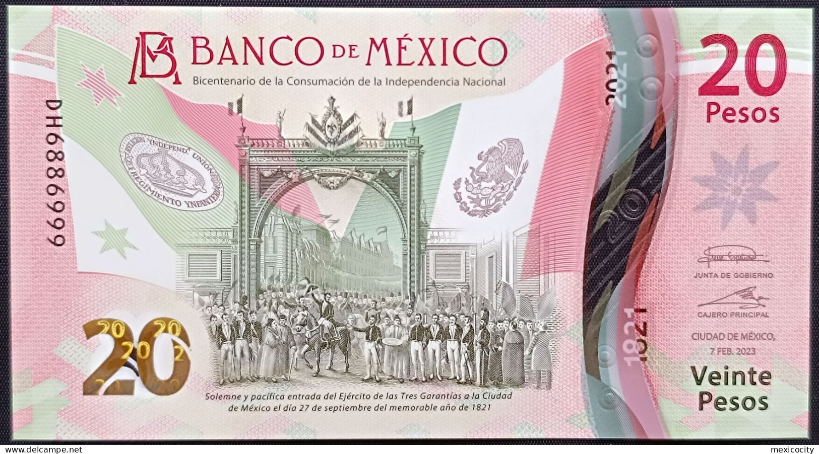 MEXICO $20 SERIES DH6886999 ANGEL # - 7-FEBR-2023 INDEPENDENCE POLYMER NOTE BU Mint Crisp - México