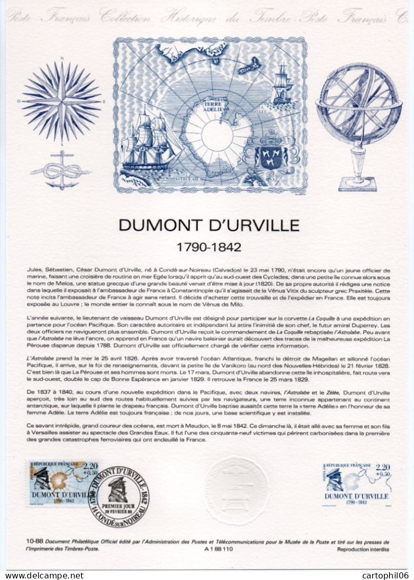 - Document Premier Jour DUMONT D'URVILLE (1790-1842) - CONDÉ-SUR-NOIREAU 20.2.1988 - - Explorateurs