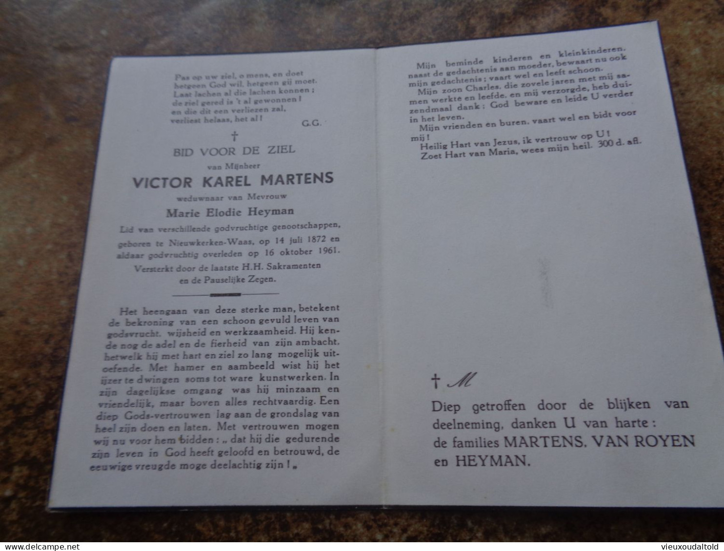 Doodsprentje/Bidprentje   VICTOR KAREL MARTENS   Nieuwkerken-Waas 1872-1961  (Wdr Marie Elodie Heyman) - Religion & Esotérisme