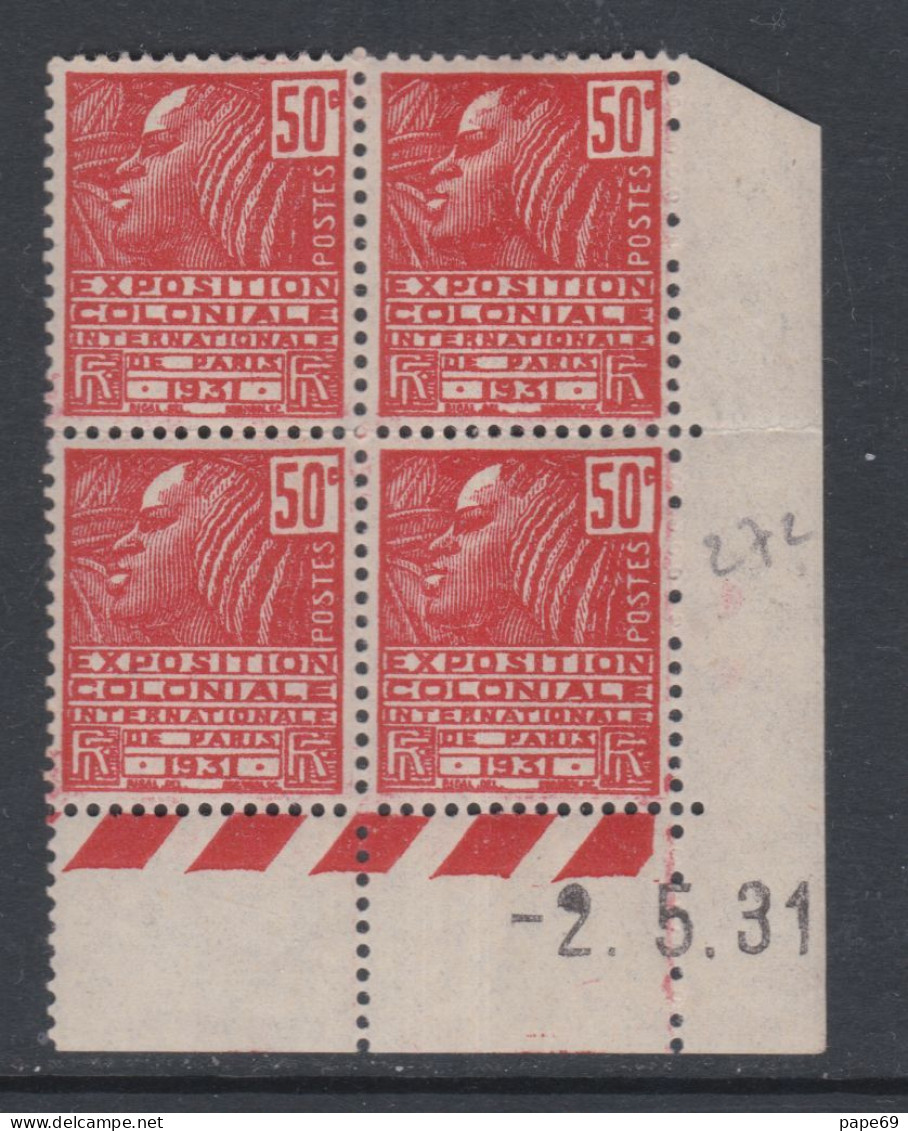 France N° 272 X Expo. Colo. : 50 C En Bloc De 4 Coin Daté Du 2 . 5 . 31.; Sans  Point Blanc , Trace  Cha.  TB - ....-1929