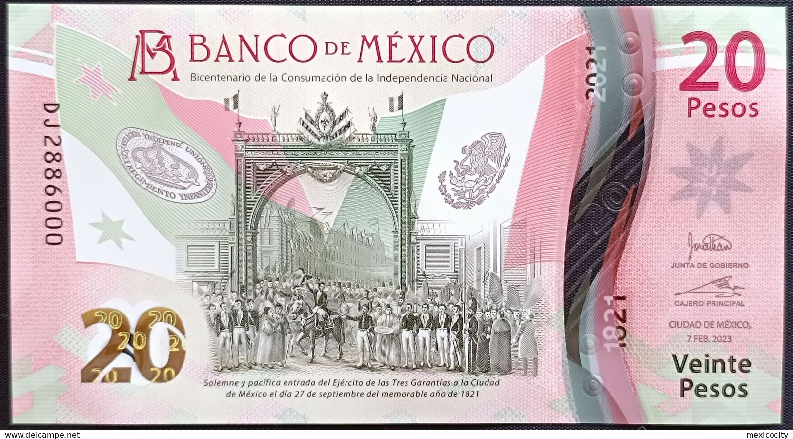 MEXICO $20 SERIES DJ2886000 ANGEL # - 7-FEBR-2023 INDEPENDENCE POLYMER NOTE BU Mint Crisp - Messico