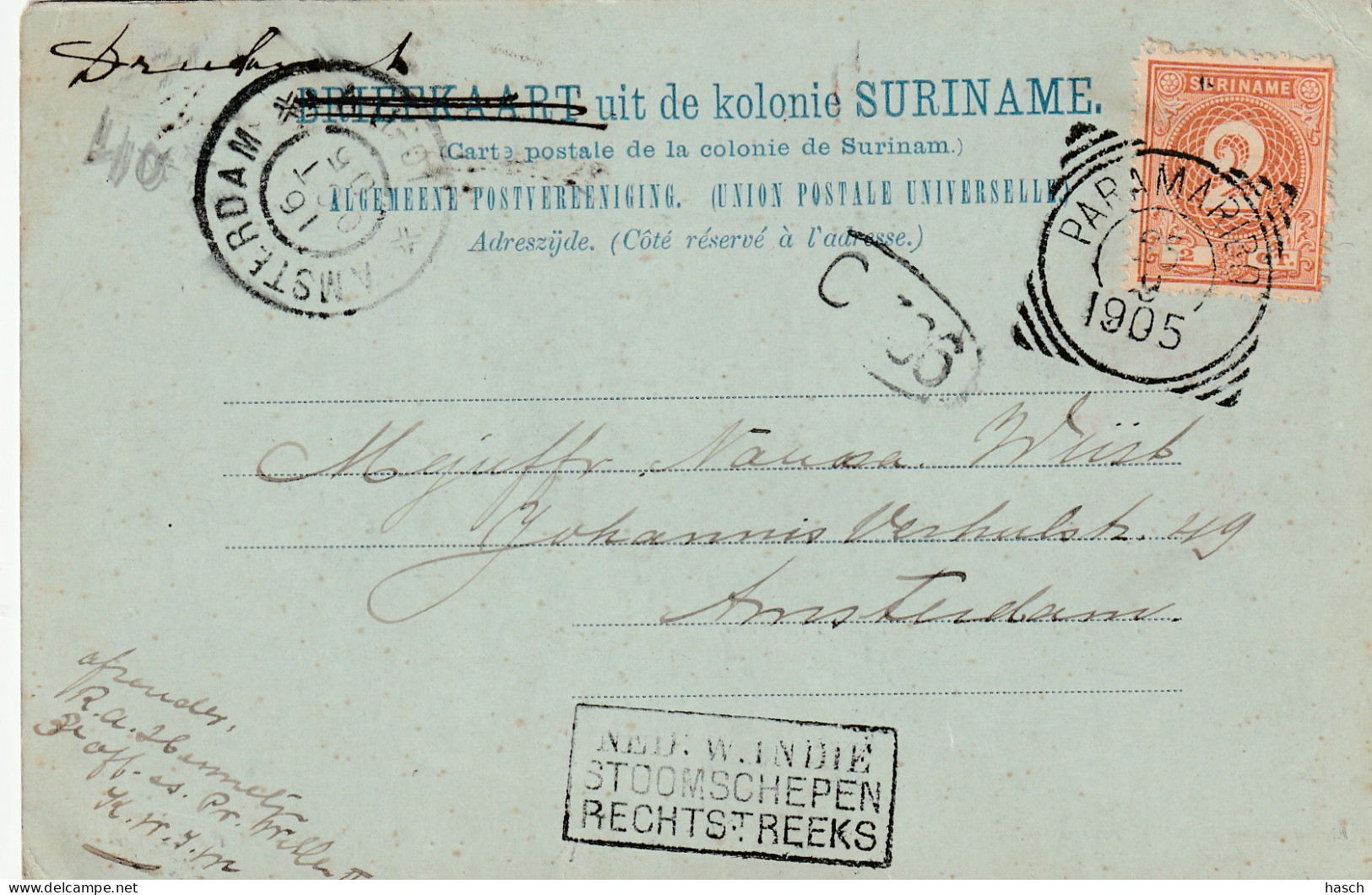 4932 6 Paramaribo, De Roomsch Katholieke Pastorie. (Postmark 1905) (Small Creases In The Corners)  - Surinam